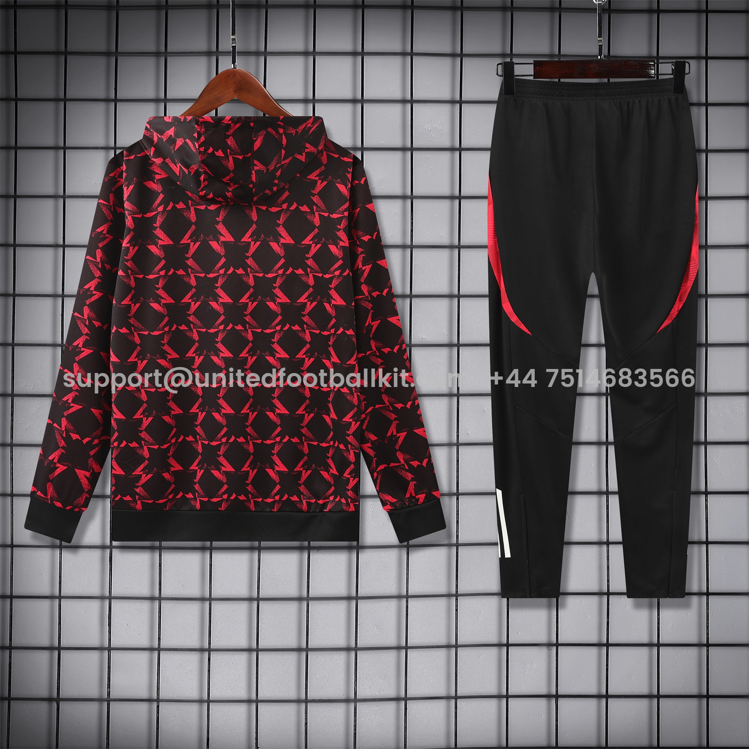 Unitedfootballkit.com | Manchester United 24-25 Pre-Match Home Traning Hoodie Set - Red Top and Black Pants -Customize Name, Number and Patch | Worldwide Shipping