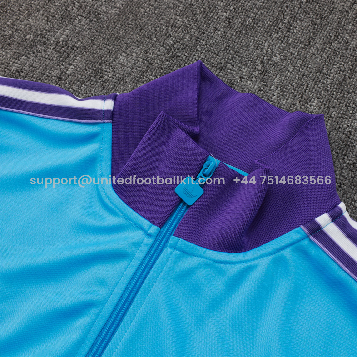 Unitedfootballkit.com | Real Madrid 25-26 Throwback Trefoil Jacket Training Tracksuit - Blue Jackets & Purple Pants -Customize Name, Number and Patch | Worldwide Shipping