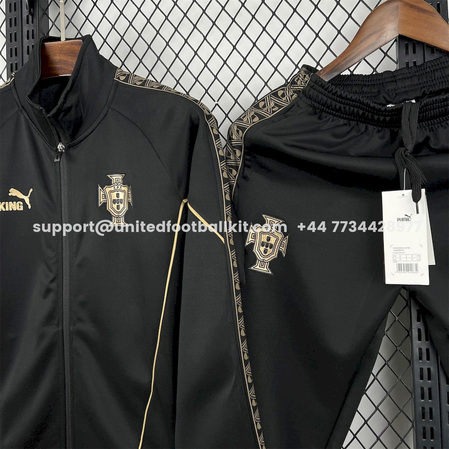 Unitedfootballkit.com | Portugal 25-26 Eusebio Special Windbreaker Training Set - Black White Top and Pants -Customize Name, Number and Patch | Worldwide Shipping