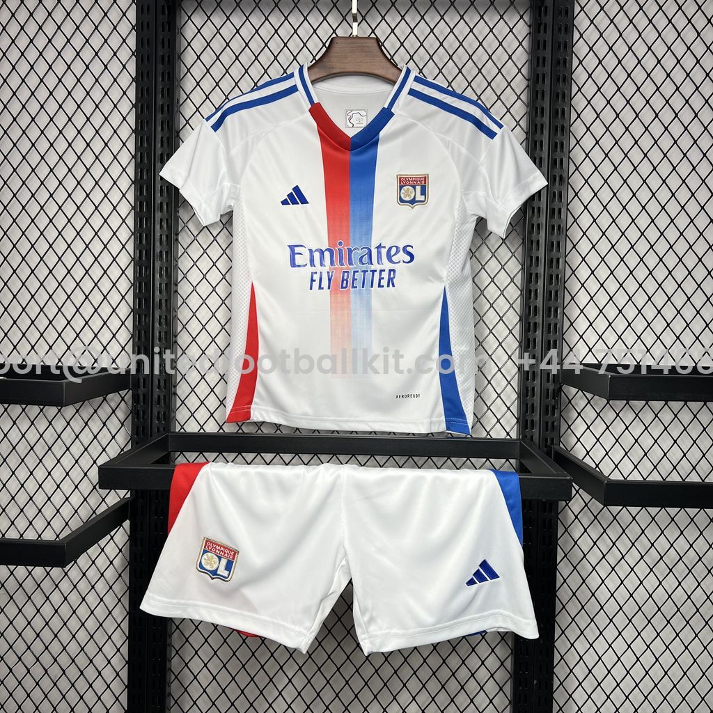 Unitedfootballkit.com | Olympique Lyonnais Lyon 24-25 Home Stadium Kids Kit -Customize Name, Number and Patch | Worldwide Shipping