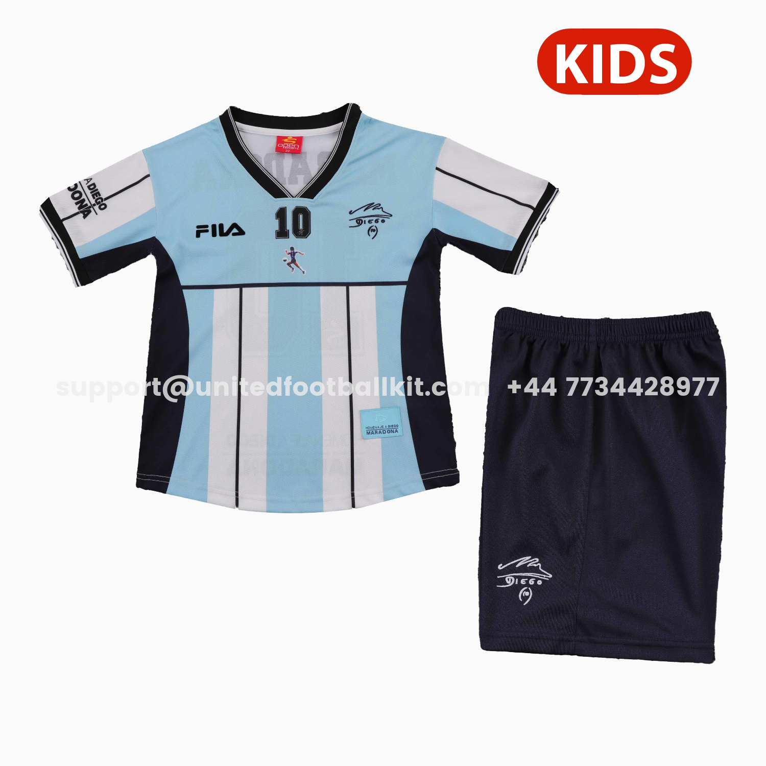 Unitedfootballkit.com | Retro Argentina 2001 Maradona Special Kids Kit -Customize Name, Number and Patch | Worldwide Shipping
