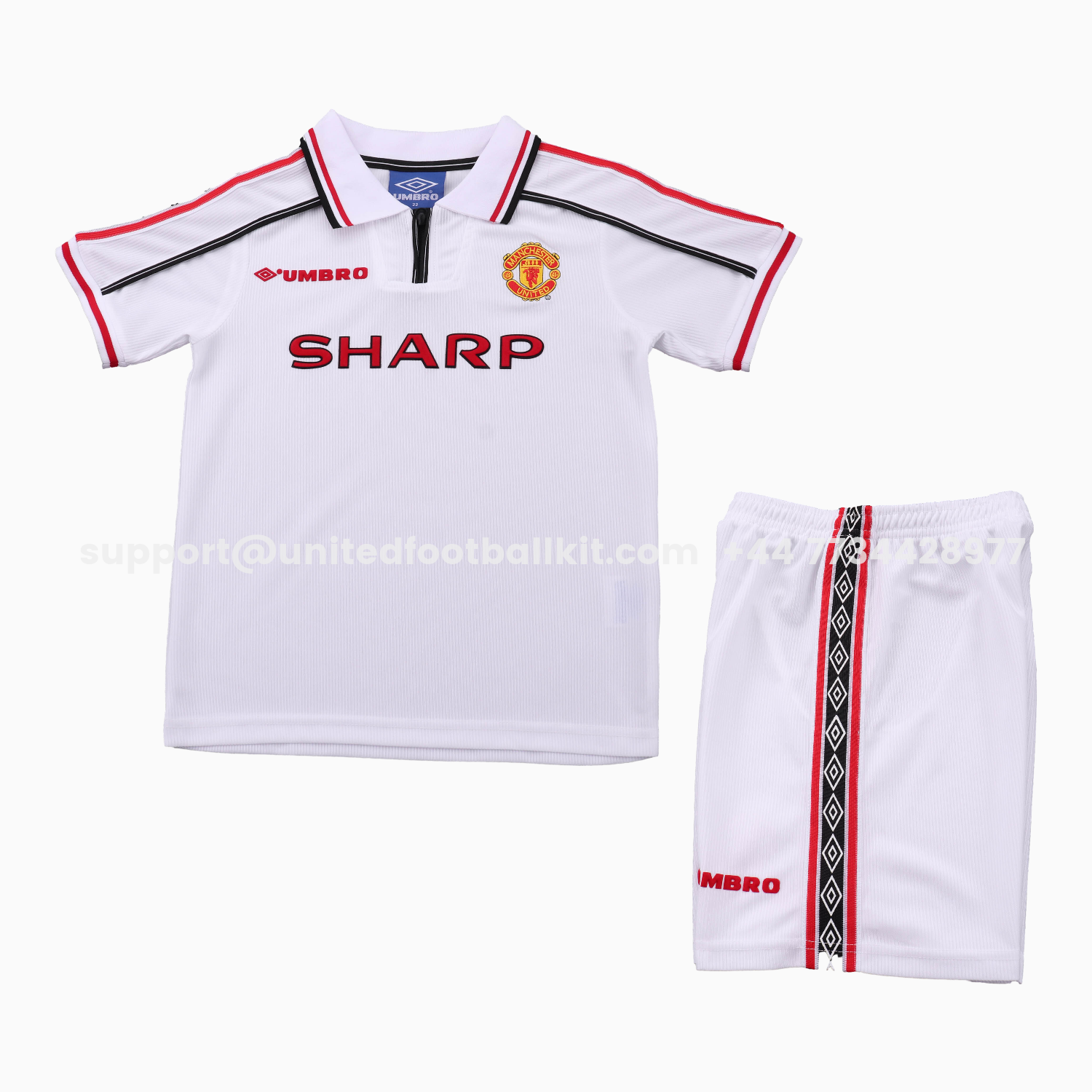 Unitedfootballkit.com | Retro Manchester United 1998-99 White Special Kids Kit -Customize Name, Number and Patch | Worldwide Shipping