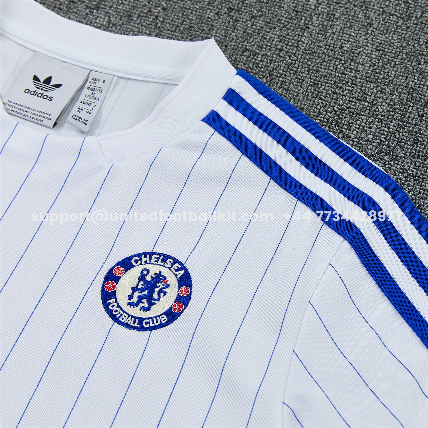 Unitedfootballkit.com | C.H.E.L.S.E.A 25-26 Retro Style Short-Sleeve Training Set - White Top & Blue Stripes Pants -Customize Name, Number and Patch | Worldwide Shipping