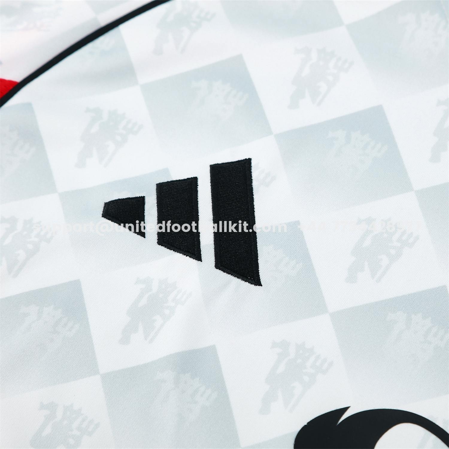 Unitedfootballkit.com | Manchester United 25-26 Short-Sleeve Training Set - Red Edge White Top & Black Shorts -Customize Name, Number and Patch | Worldwide Shipping