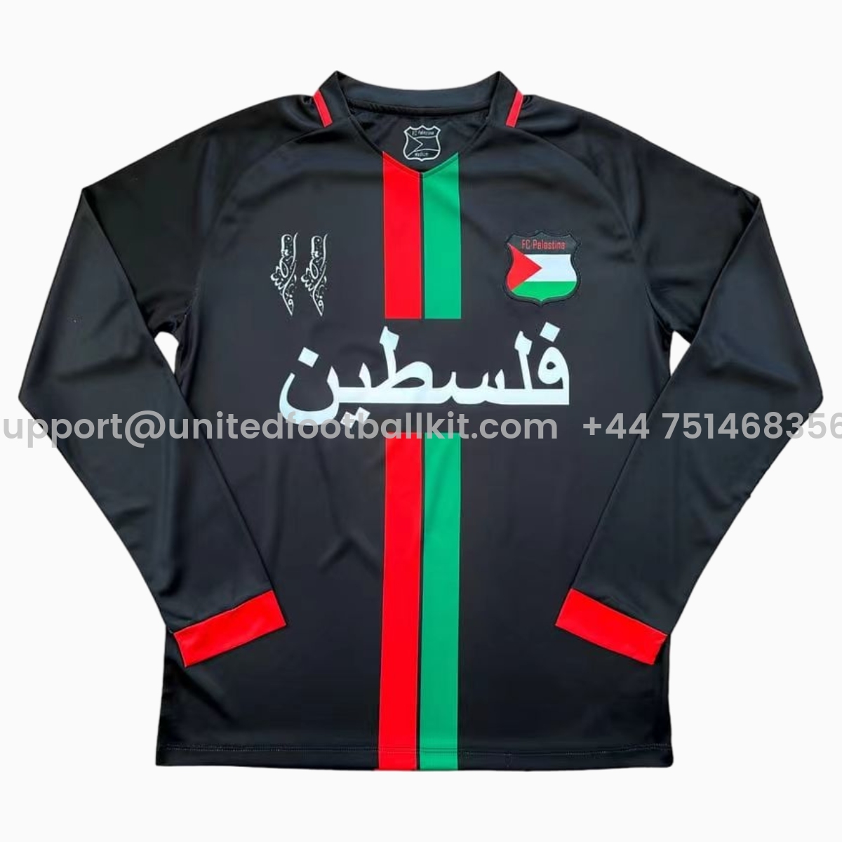 Unitedfootballkit.com | FC Palestina 24-25 Black Centre Striped Long Sleeve Jersey with Arabic and Pattern -Customize Name, Number and Patch | Worldwide Shipping