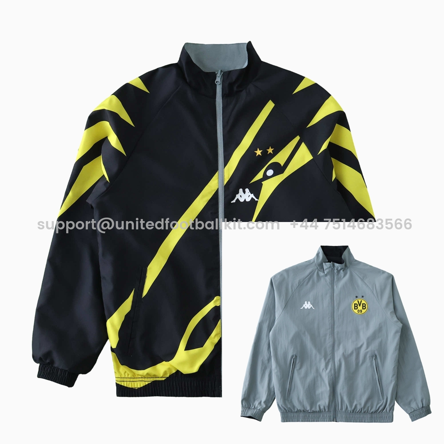 Unitedfootballkit.com | Borussia Dortmund 24-25 Retro Style Double Sided Reversible Windbreaker - Black & Grey -Customize Name, Number and Patch | Worldwide Shipping