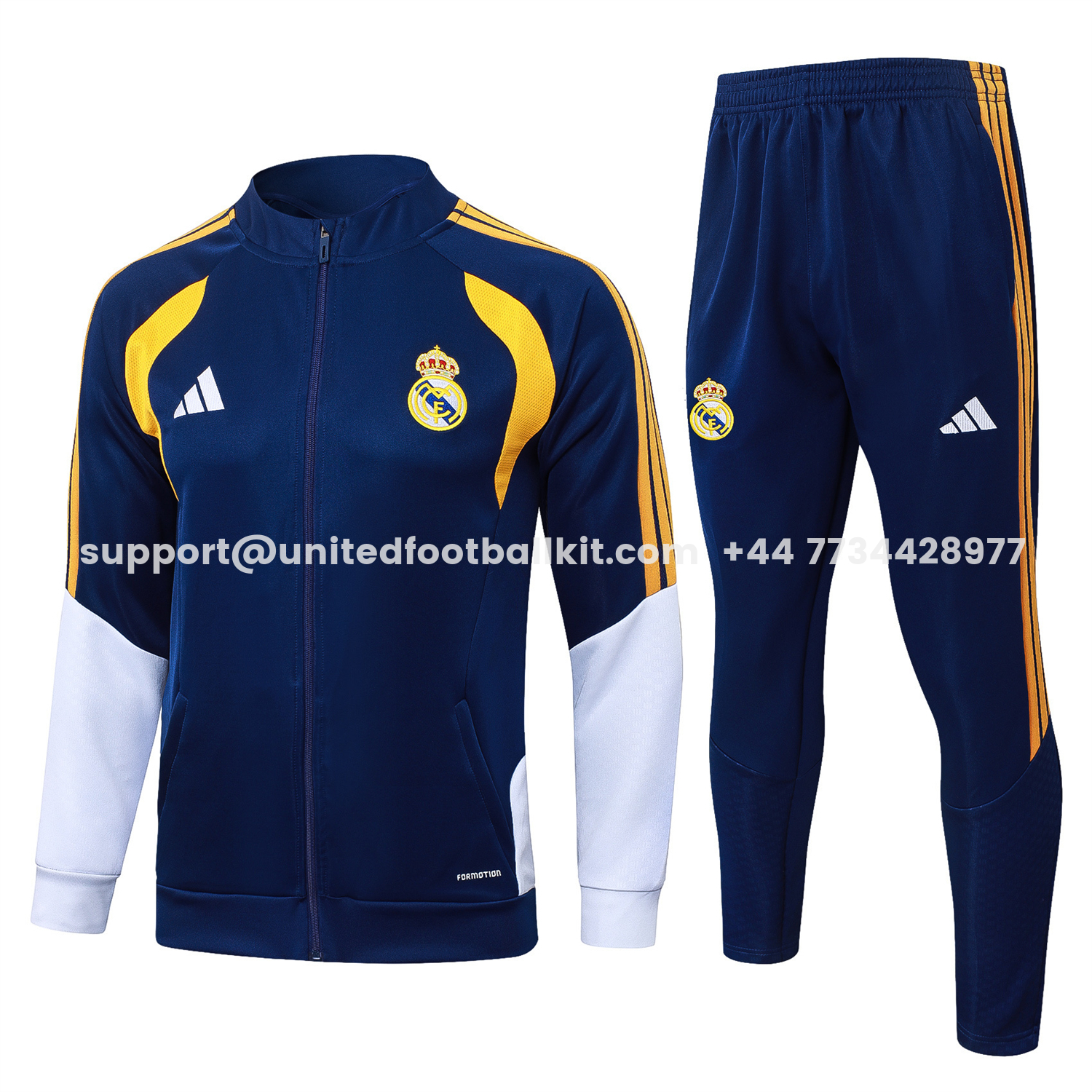 Unitedfootballkit.com | Real Madrid 26-27 Long Sleeves Training Set - Yellow Edge Deep Blue Top And Pants -Customize Name, Number and Patch | Worldwide Shipping