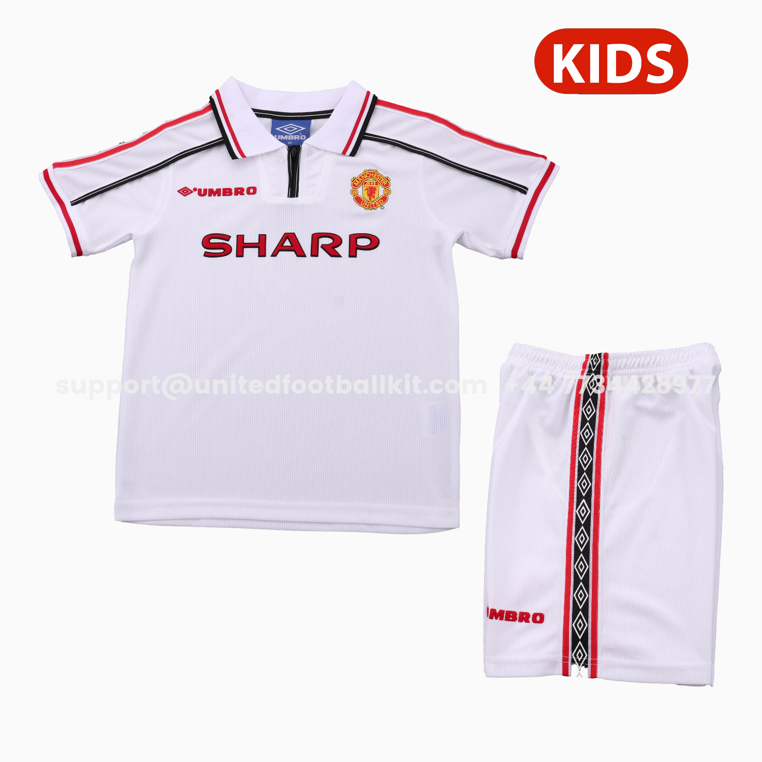 Unitedfootballkit.com | Retro Manchester United 1998-99 White Special Kids Kit -Customize Name, Number and Patch | Worldwide Shipping