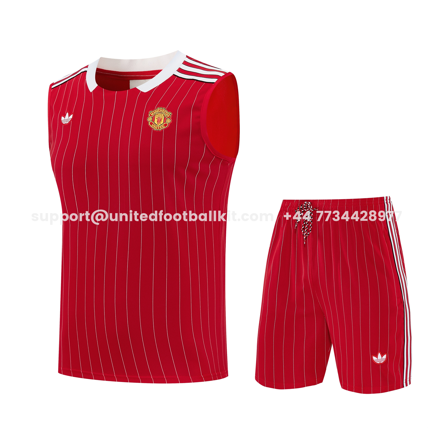 Unitedfootballkit.com | Manchester United 25-26 Retro Style Vest Training Set - Red With White Stripes Top & Pants -Customize Name, Number and Patch | Worldwide Shipping
