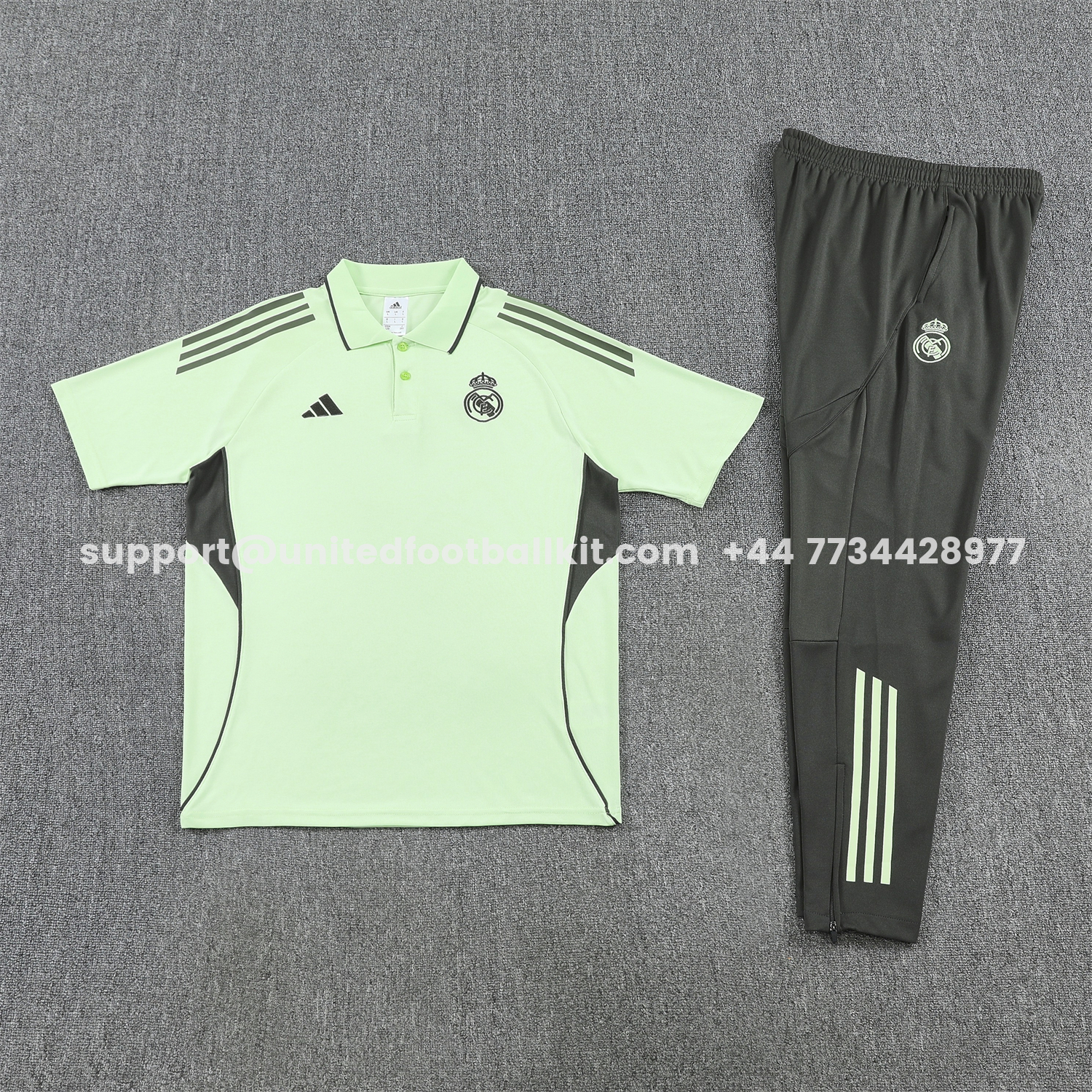 Unitedfootballkit.com | Real Madrid 25-26 POLO Short-Sleeve Training Set - Light Green Top and Dark Grey Pants -Customize Name, Number and Patch | Worldwide Shipping