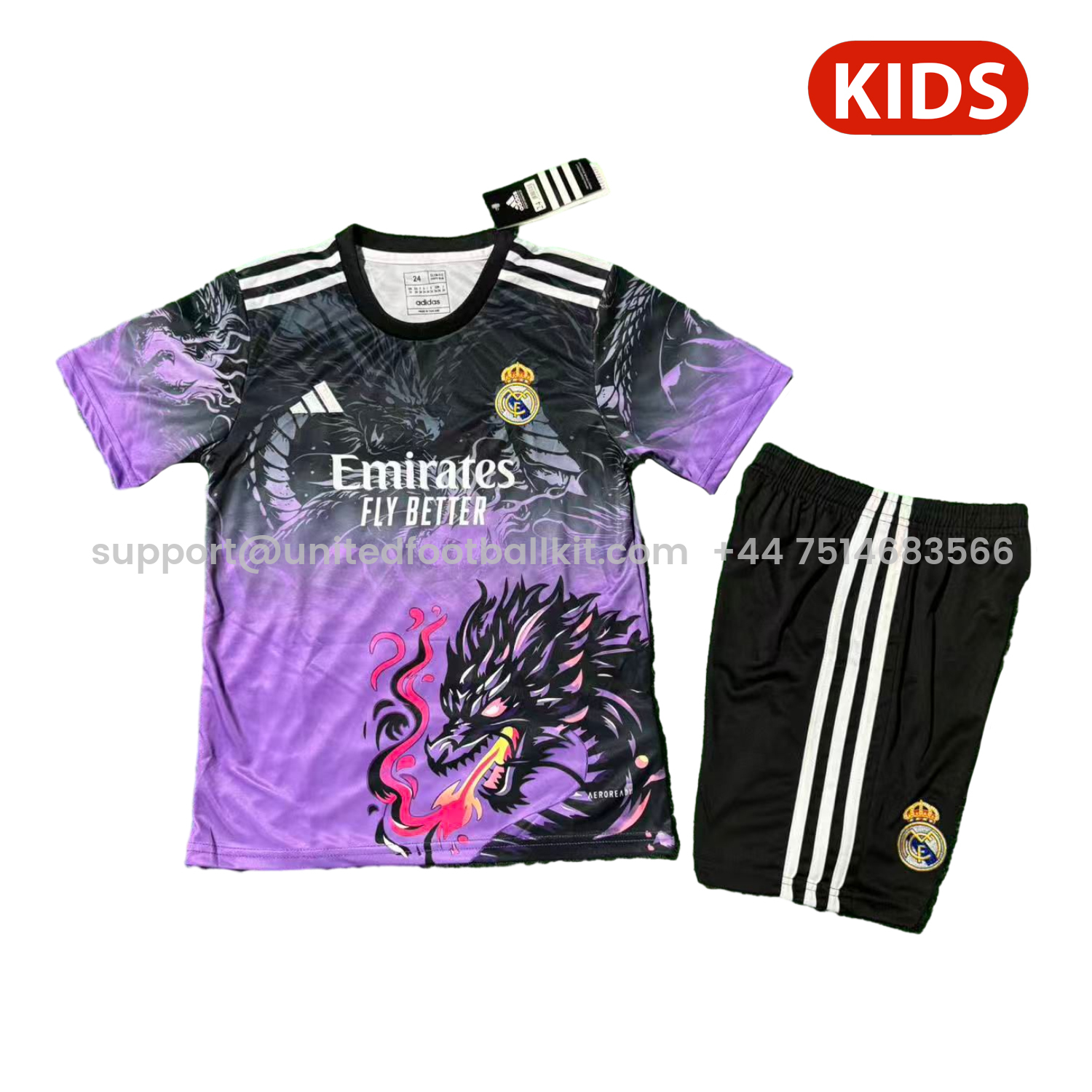 Unitedfootballkit.com | Real Madrid 25-26 Black Dragon Purple Special Kids Kit -Customize Name, Number and Patch | Worldwide Shipping