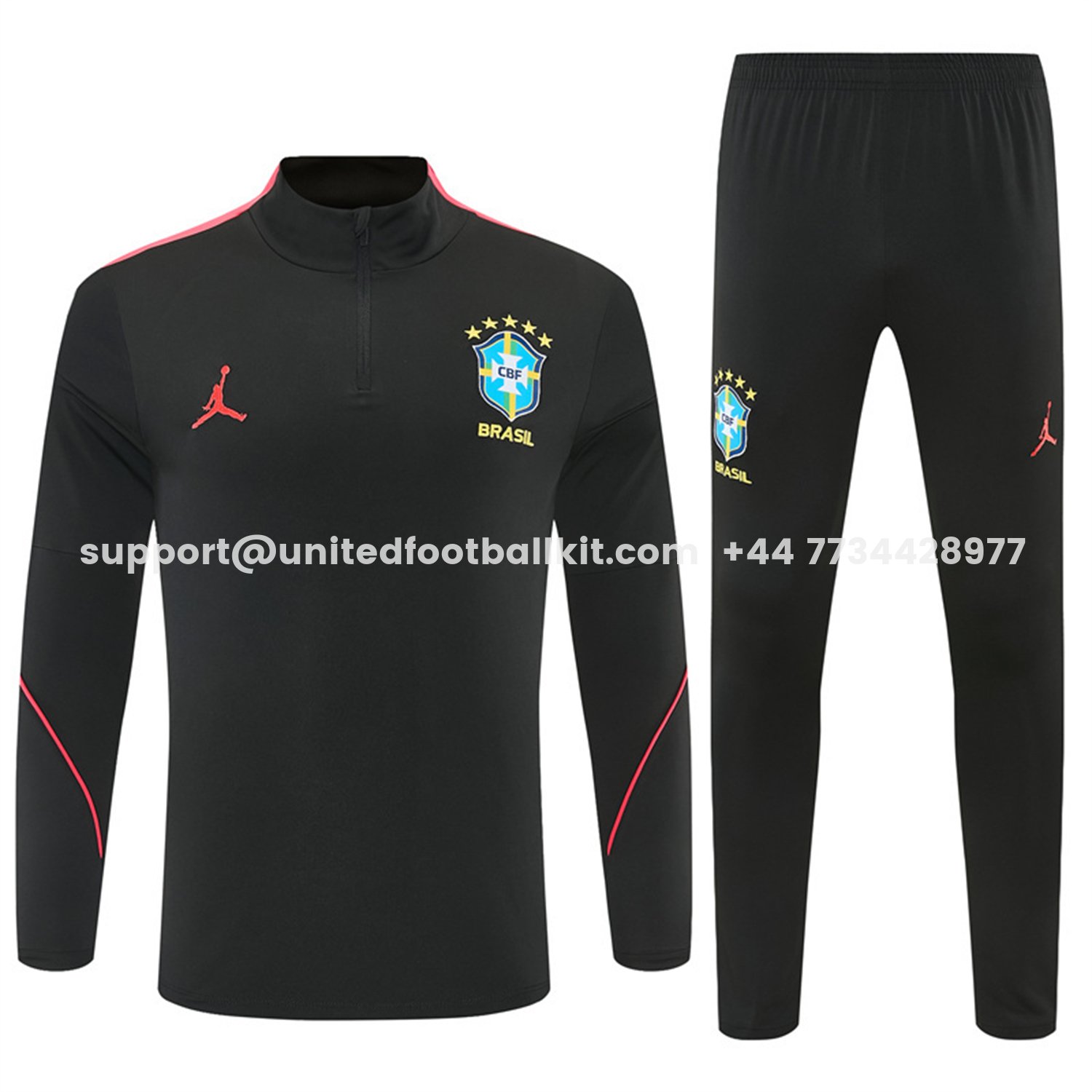 Unitedfootballkit.com | Brazil X JD 2026 Long Sleeves Training Set - Black Top And Black Orange Pants -Customize Name, Number and Patch | Worldwide Shipping