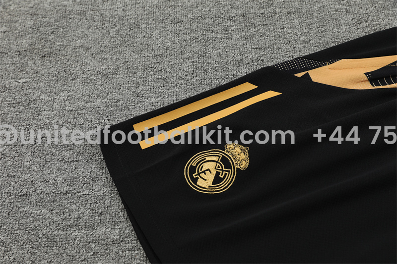 Unitedfootballkit.com | Real Madrid 24-25 Short-Sleeve Training Kids Kit - Black Gold -Customize Name, Number and Patch | Worldwide Shipping