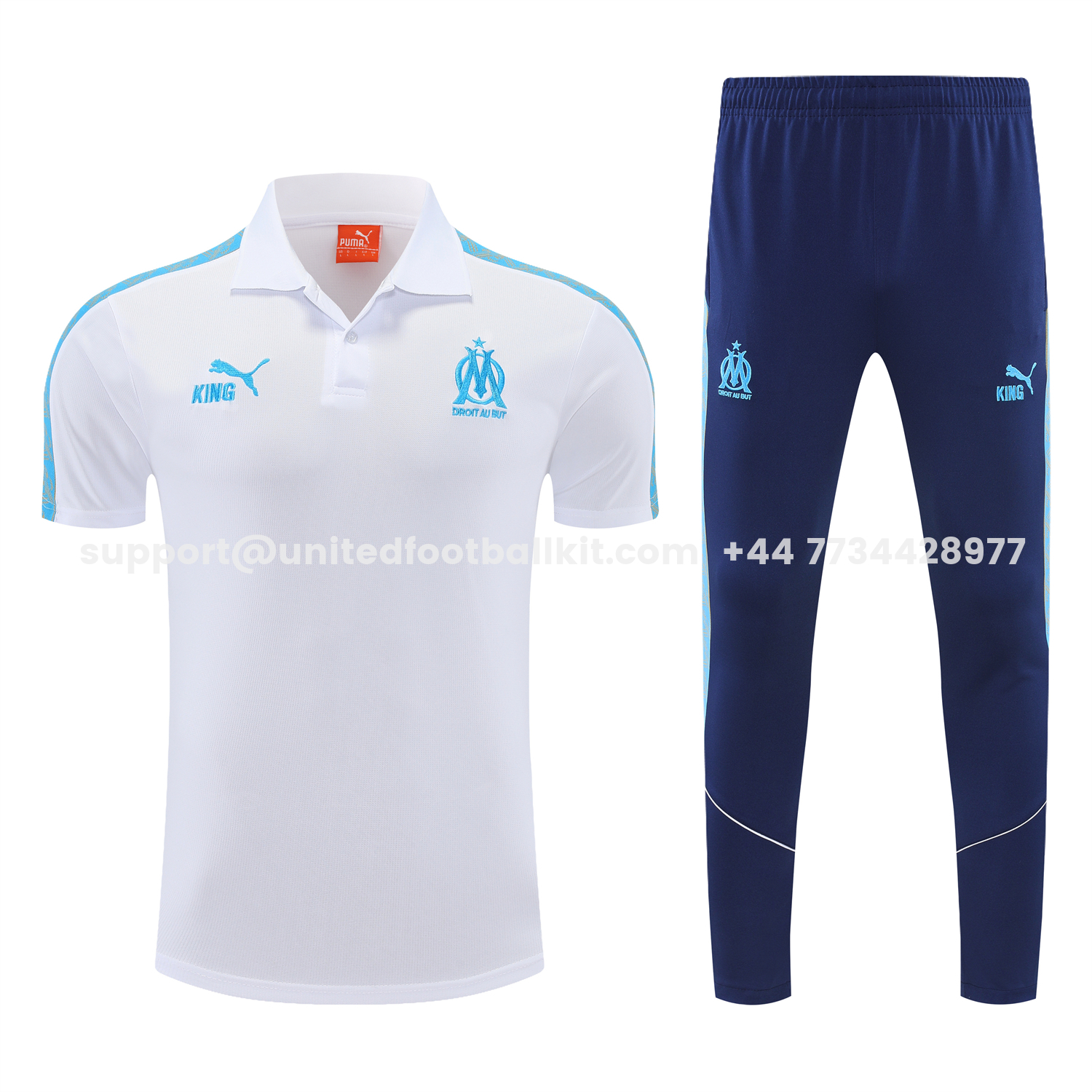 Unitedfootballkit.com | Marseille 25-26 POLO Short-Sleeve Training Set - White Top and Dark Blue Pants -Customize Name, Number and Patch | Worldwide Shipping