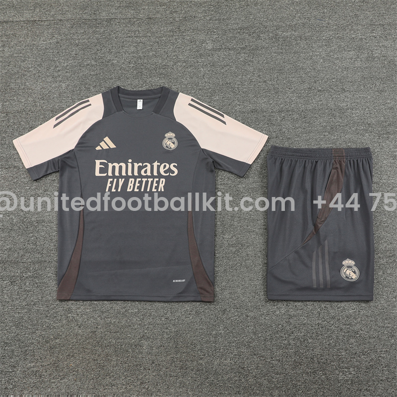 Unitedfootballkit.com | Real Madrid 24-25 Kids Short-Sleeve Training Set - Deep Grey -Customize Name, Number and Patch | Worldwide Shipping
