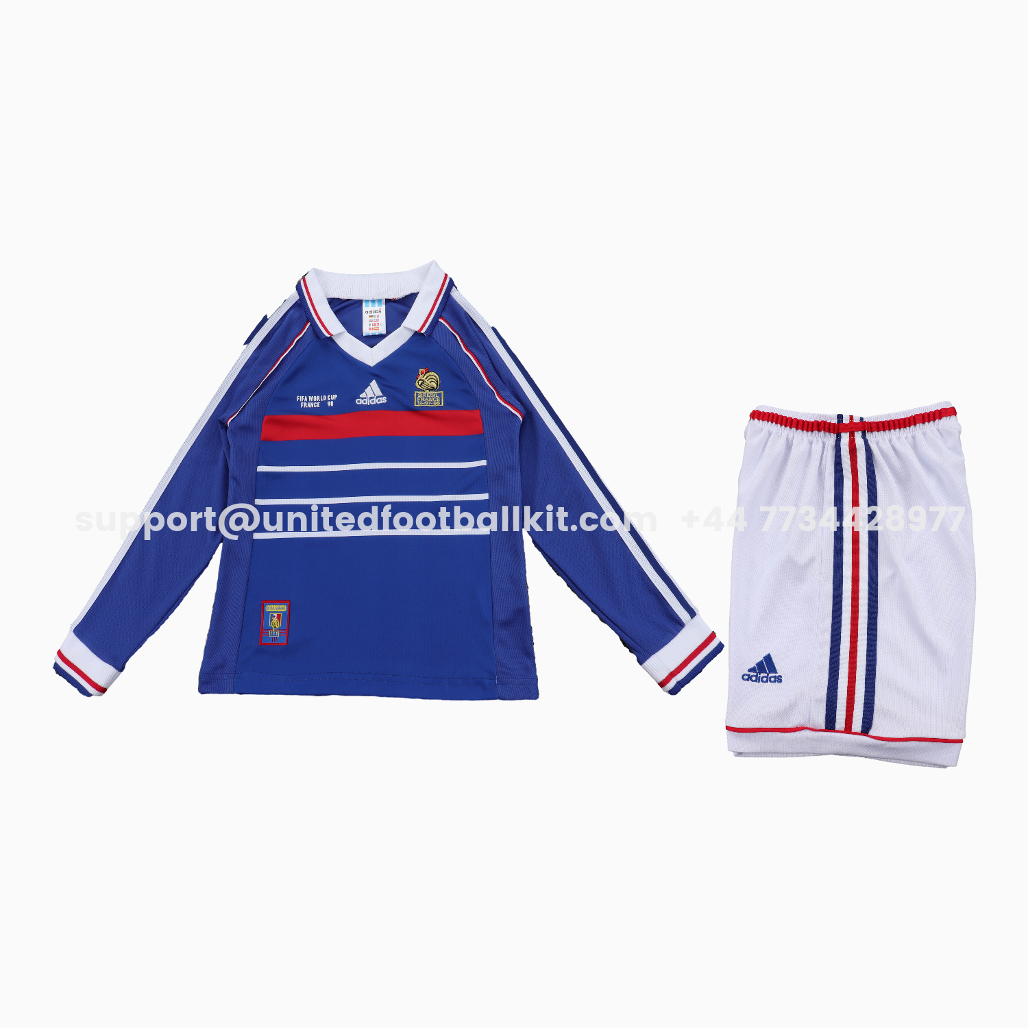 Unitedfootballkit.com | Retro France 1998 Home Long Sleeves Kids Kit -Customize Name, Number and Patch | Worldwide Shipping