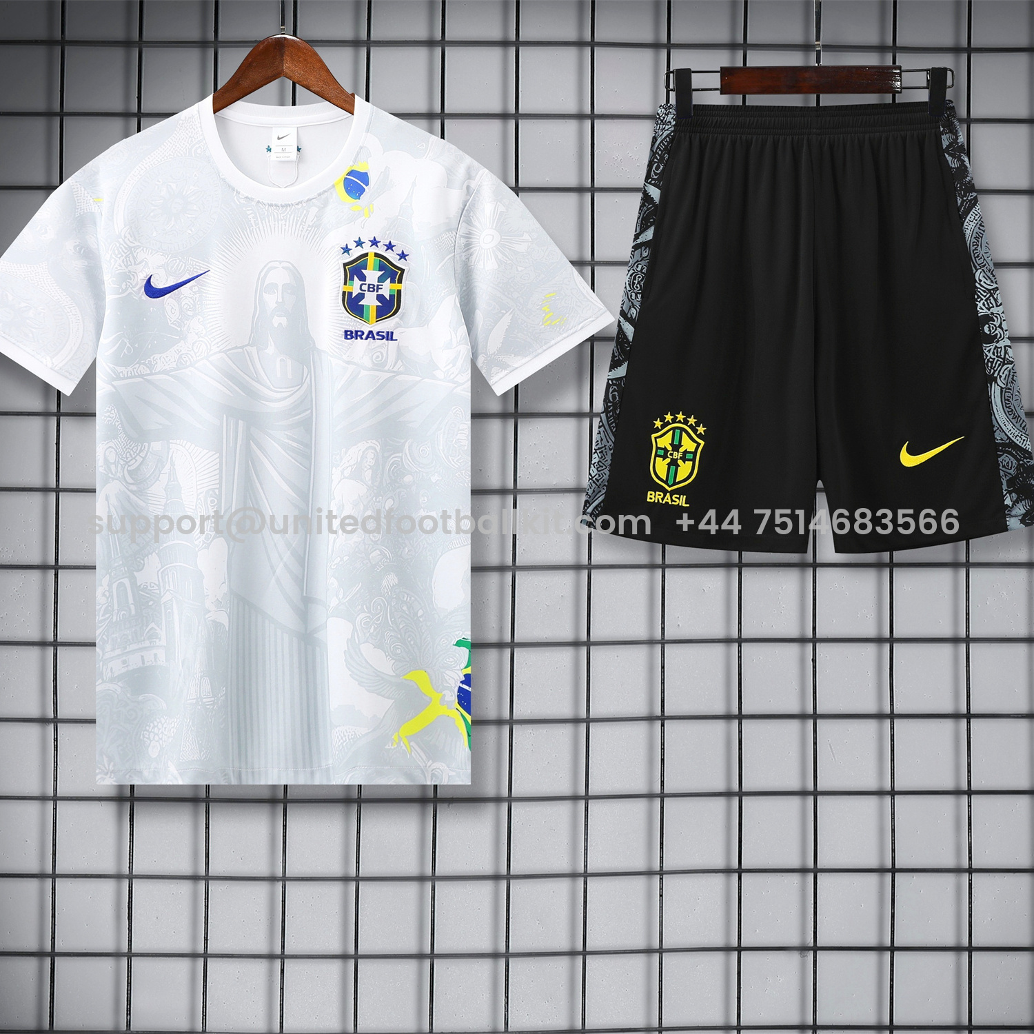 Unitedfootballkit.com | Brazil 25-26 White Jesus Statue Short-Sleeve Training Set - White Top & Black Shorts -Customize Name, Number and Patch | Worldwide Shipping