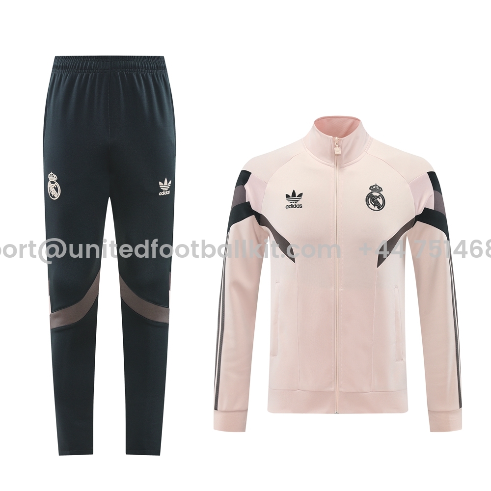 Unitedfootballkit.com | Real Madrid 24-25 Jacket Training Tracksuit - Light Pink Top and Black Pants -Customize Name, Number and Patch | Worldwide Shipping