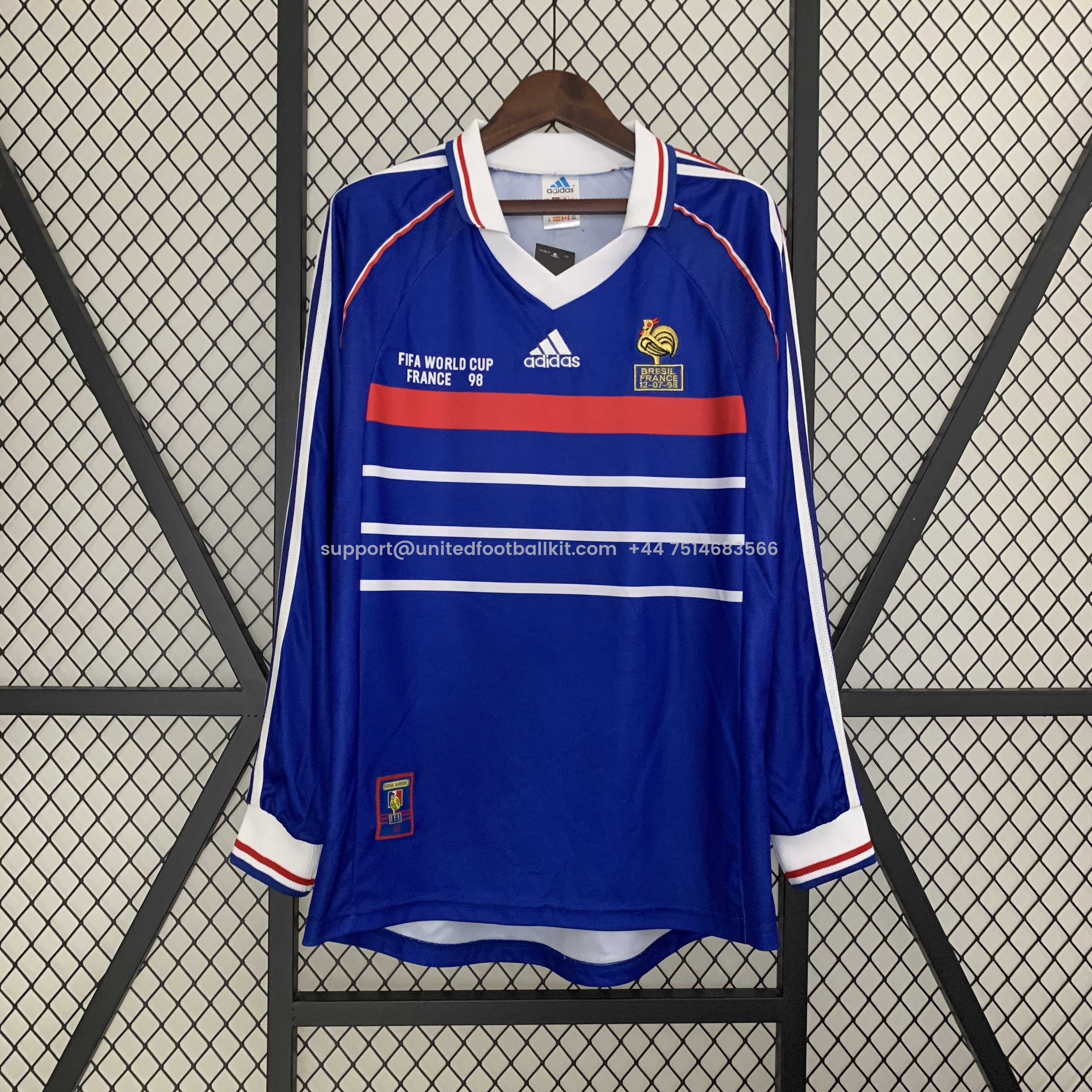 Unitedfootballkit.com | Retro France 1998 Home Stadium Long Sleeve Jersey -Customize Name, Number and Patch | Worldwide Shipping