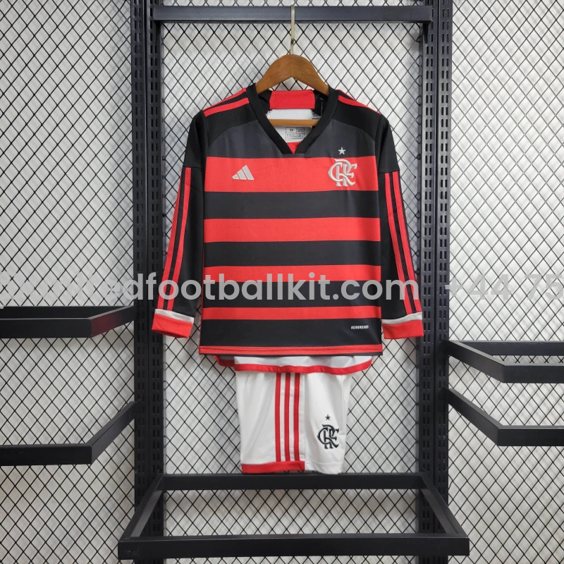 Unitedfootballkit.com | Flamengo 2024 Home Stadium Long Sleeve Kids Kit -Customize Name, Number and Patch | Worldwide Shipping
