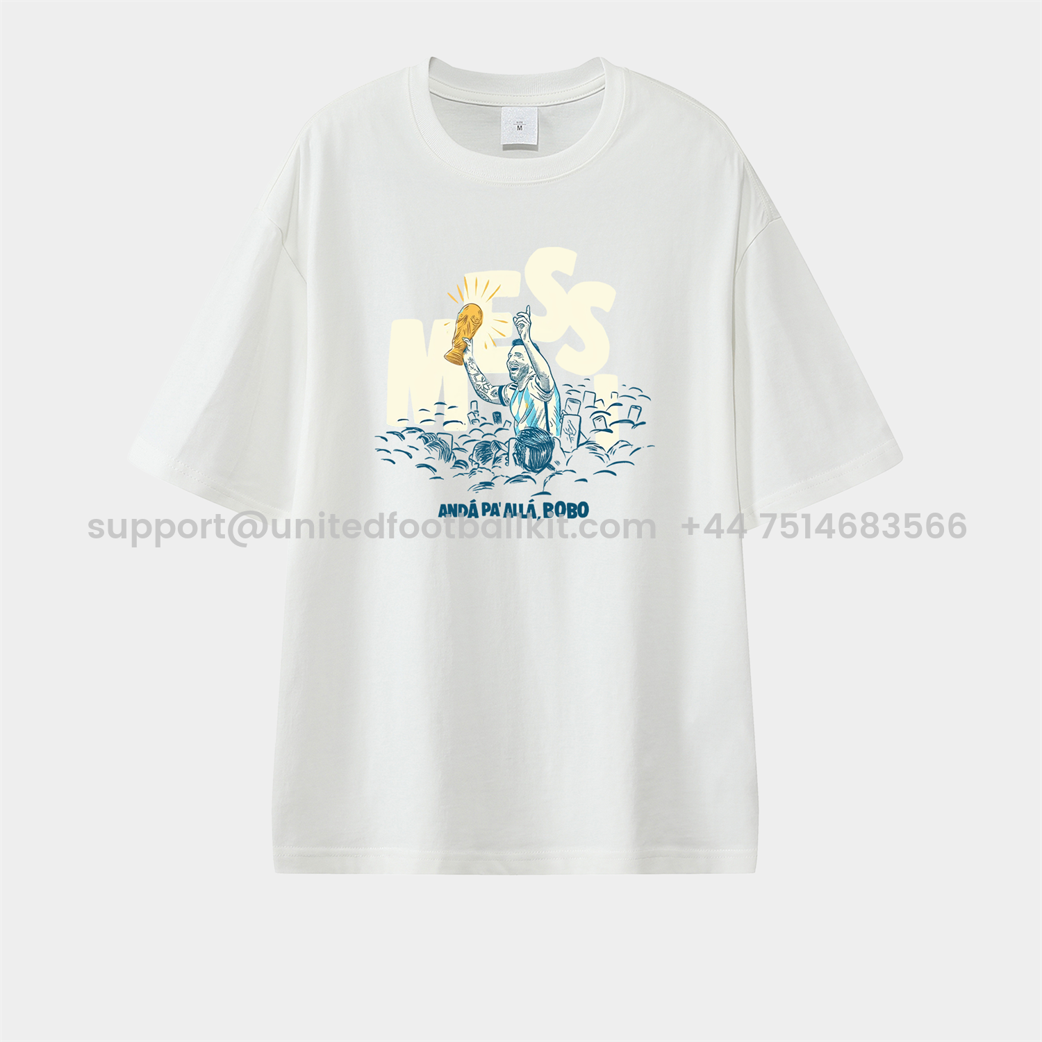 Unitedfootballkit.com | Argentina Messi World Cup Anda Pa Alla Bobo Unisex Pure Cotton T-shirt -Customize Name, Number and Patch | Worldwide Shipping