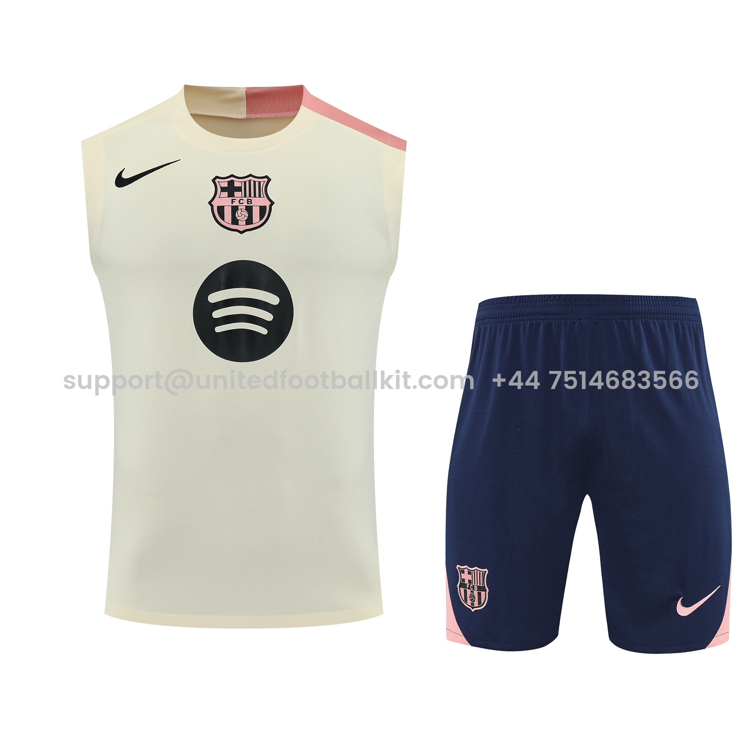 Unitedfootballkit.com | Barcelona 25-26 Vest Training Set - Cream Vest & Deep Blue Shorts -Customize Name, Number and Patch | Worldwide Shipping