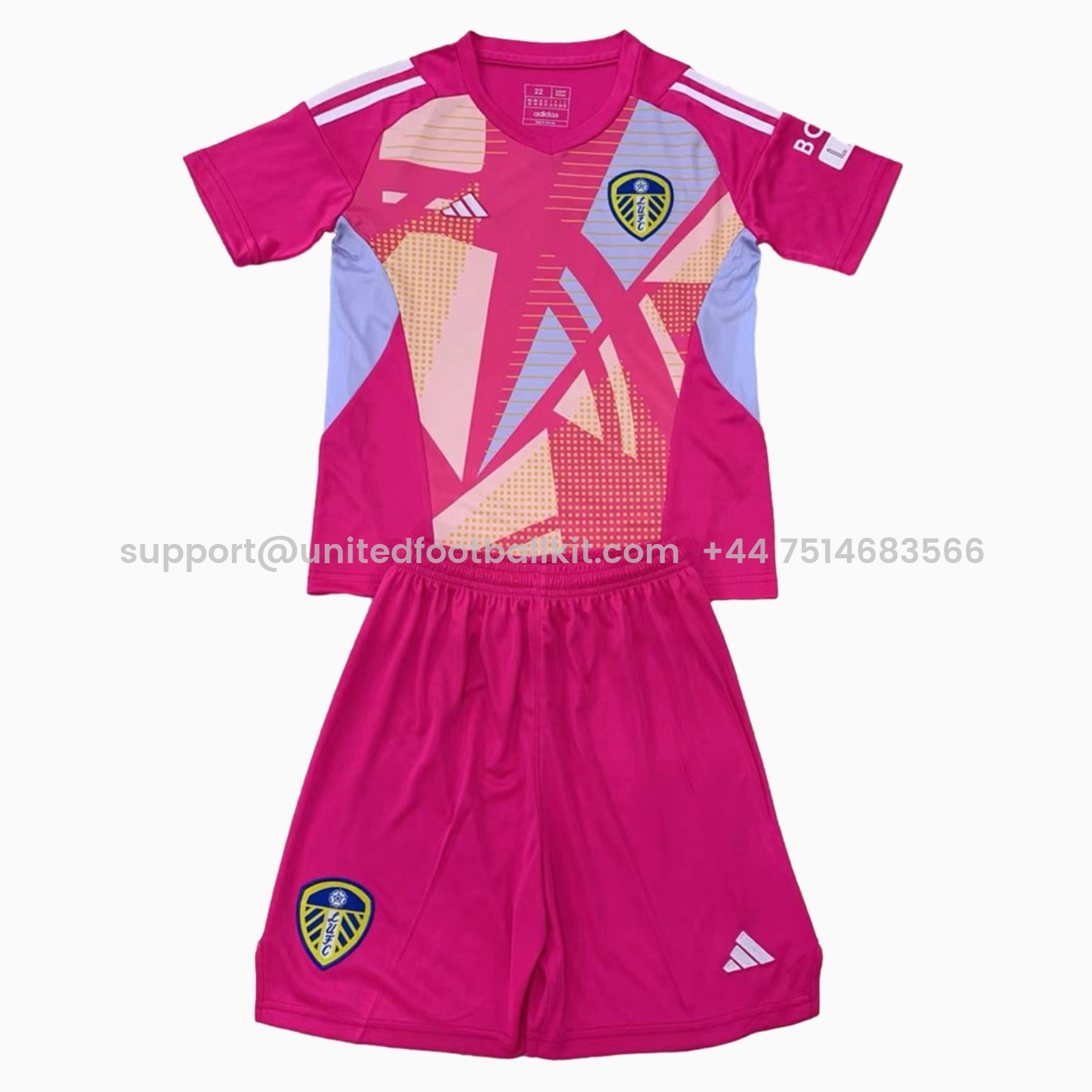 Unitedfootballkit.com | Leeds United 24-25 Pink Goalkeeper Kids Kit -Customize Name, Number and Patch | Worldwide Shipping
