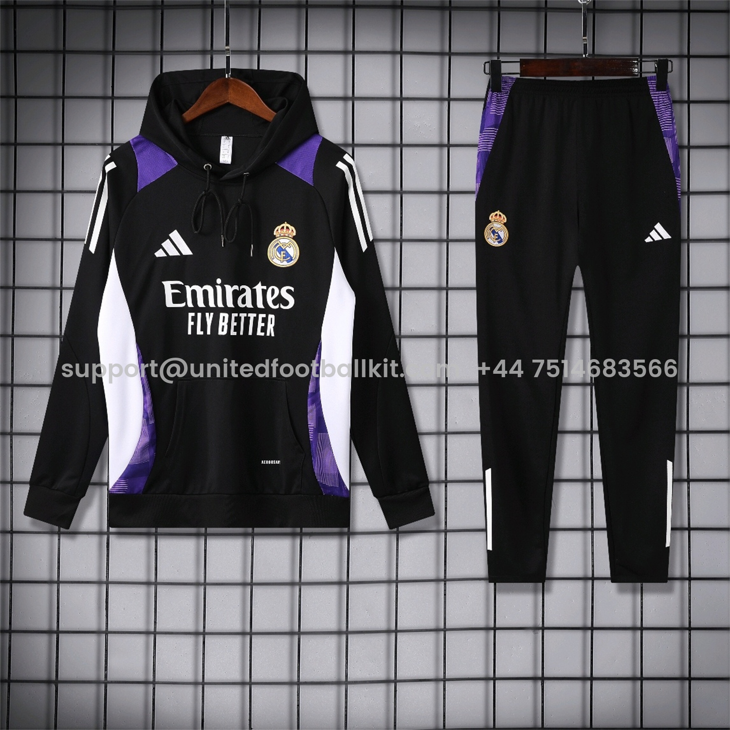 Unitedfootballkit.com | Real Madrid 24-25 Training Hoodie Set - Black Hoodie and Black Pants -Customize Name, Number and Patch | Worldwide Shipping