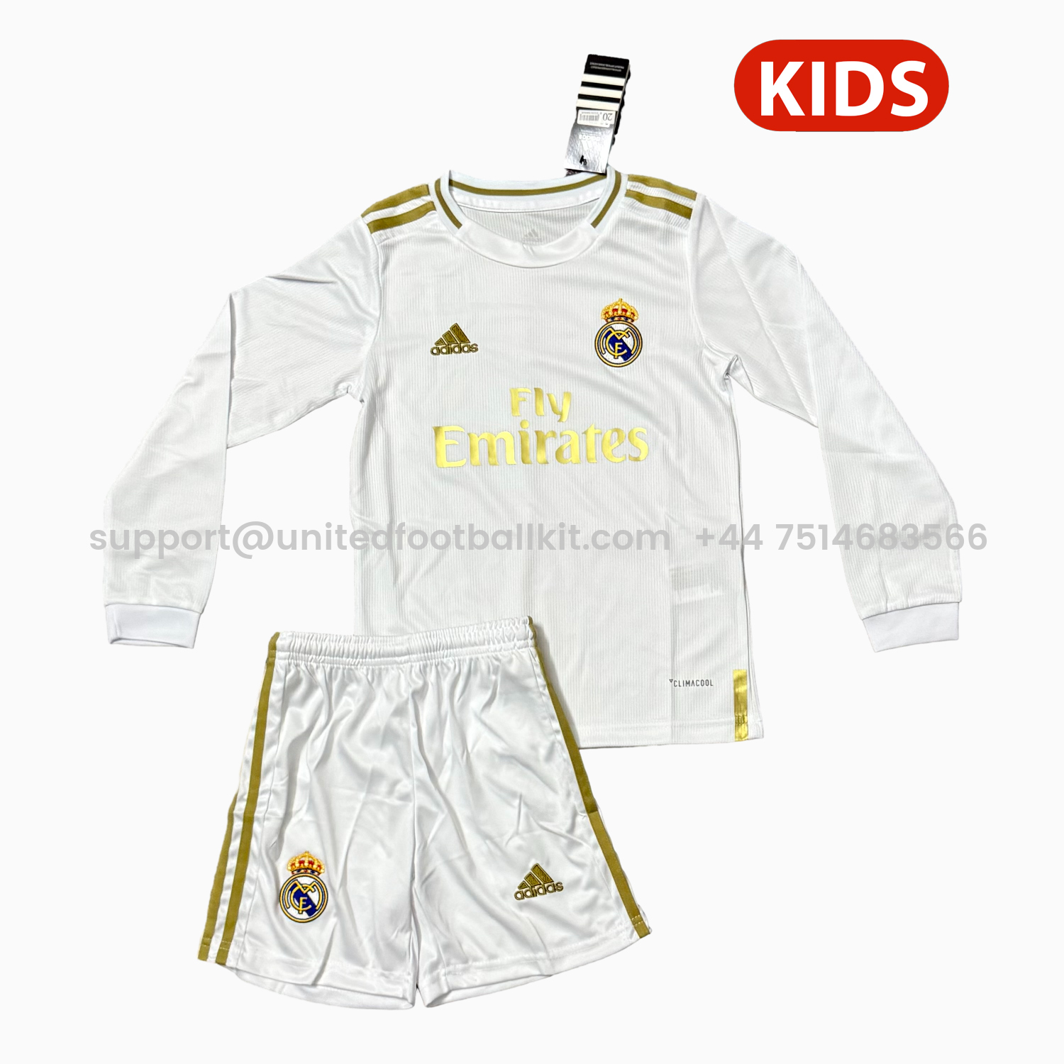 Unitedfootballkit.com | Retro Real Madrid 19-20 Home Long Sleeves Kids Kit -Customize Name, Number and Patch | Worldwide Shipping