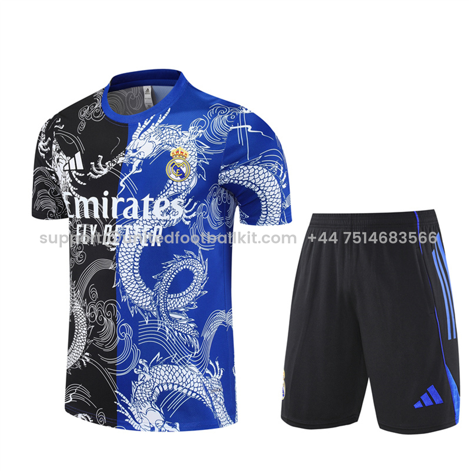 Unitedfootballkit.com | Real Madrid 25-26 Short-Sleeve Training Set - Blue Black Dragon Top & Black Shorts -Customize Name, Number and Patch | Worldwide Shipping