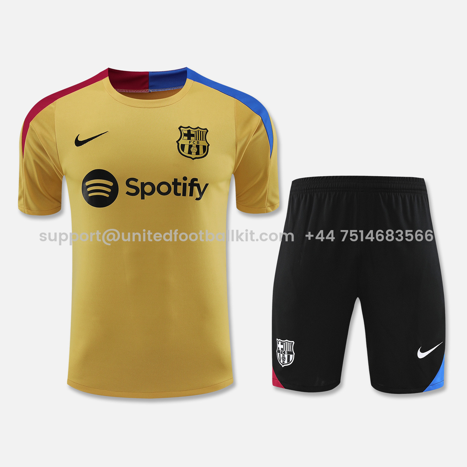 Unitedfootballkit.com | Barcelona 24-25 Short-Sleeve Training Set - Khaki Top & Black Shorts -Customize Name, Number and Patch | Worldwide Shipping
