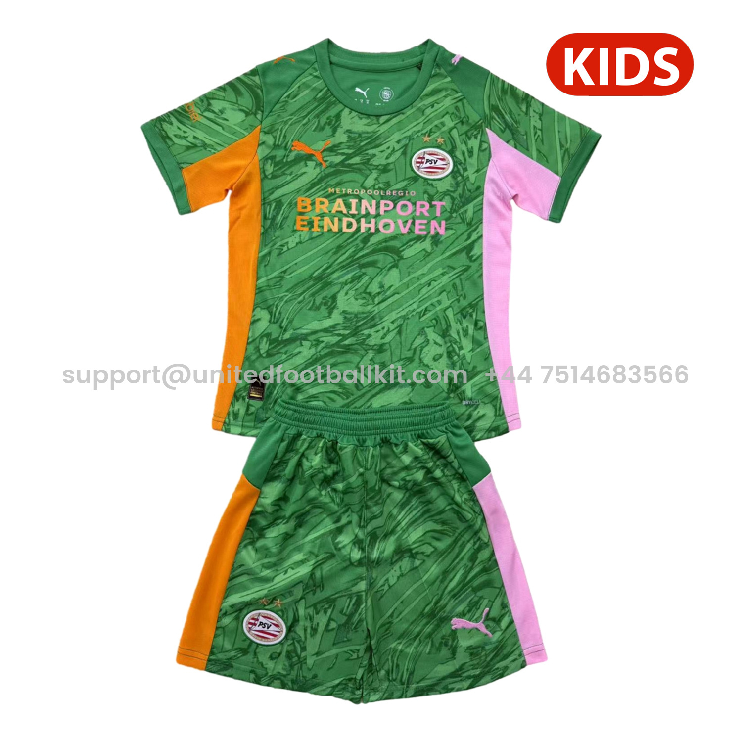 Unitedfootballkit.com | PSV Eindhoven 25-26 Green Goalkeeper Kids Kit -Customize Name, Number and Patch | Worldwide Shipping