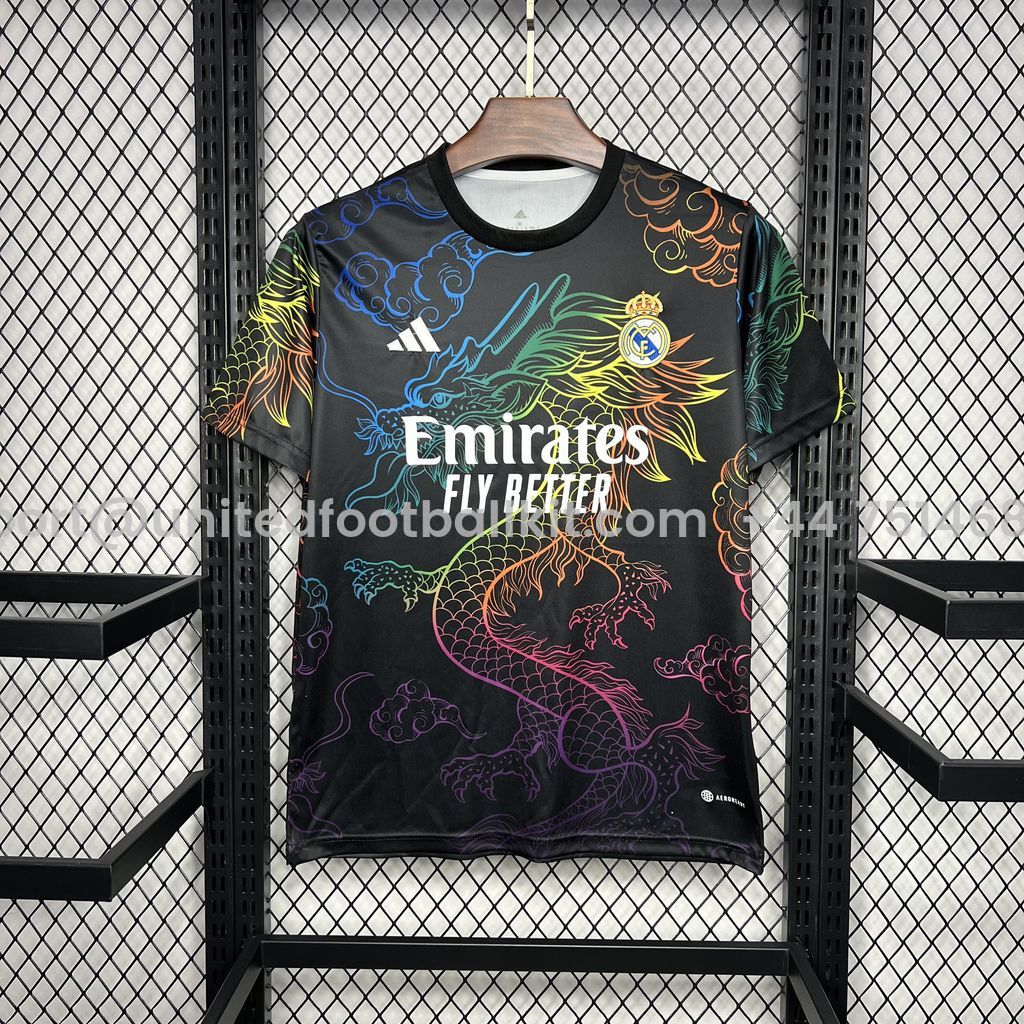 Unitedfootballkit.com | Real Madrid 24-25 Black Colorful Dragon Speical Jersey - Fans Version -Customize Name, Number and Patch | Worldwide Shipping