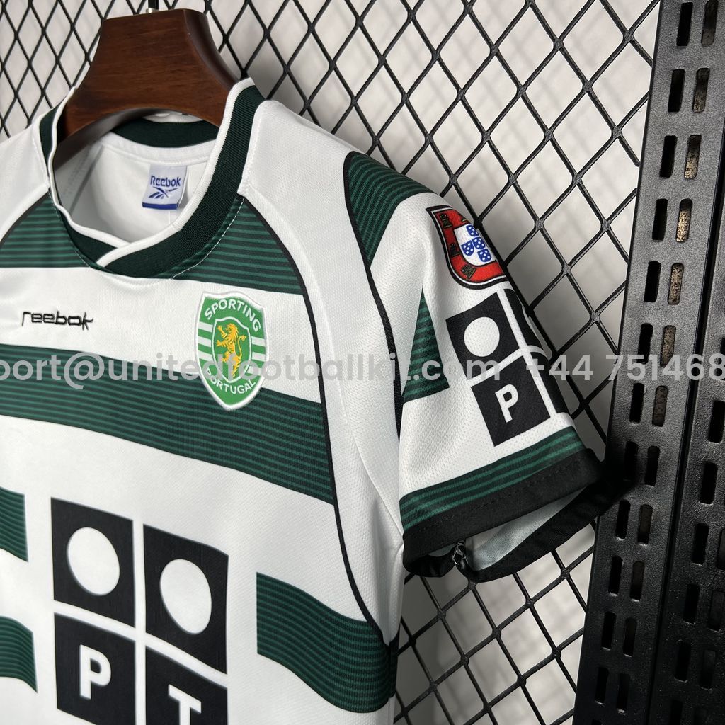 Unitedfootballkit.com | Retro Sporting CP 2001-03 Home Stadium Kids Kit -Customize Name, Number and Patch | Worldwide Shipping