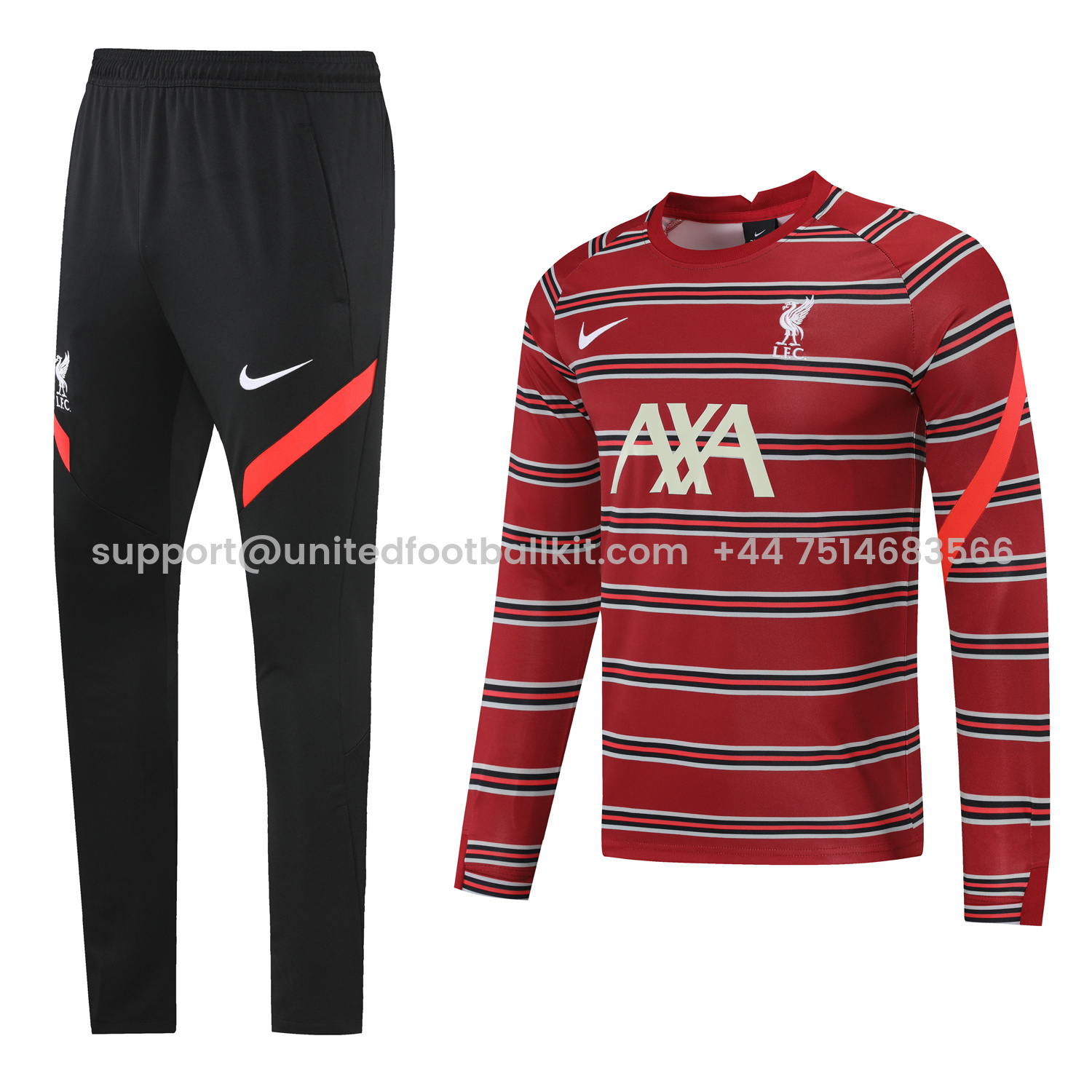 Unitedfootballkit.com | Liver.pool 24-25 Long Sleeve Training Set - Red Stripe Top and Black Pants -Customize Name, Number and Patch | Worldwide Shipping