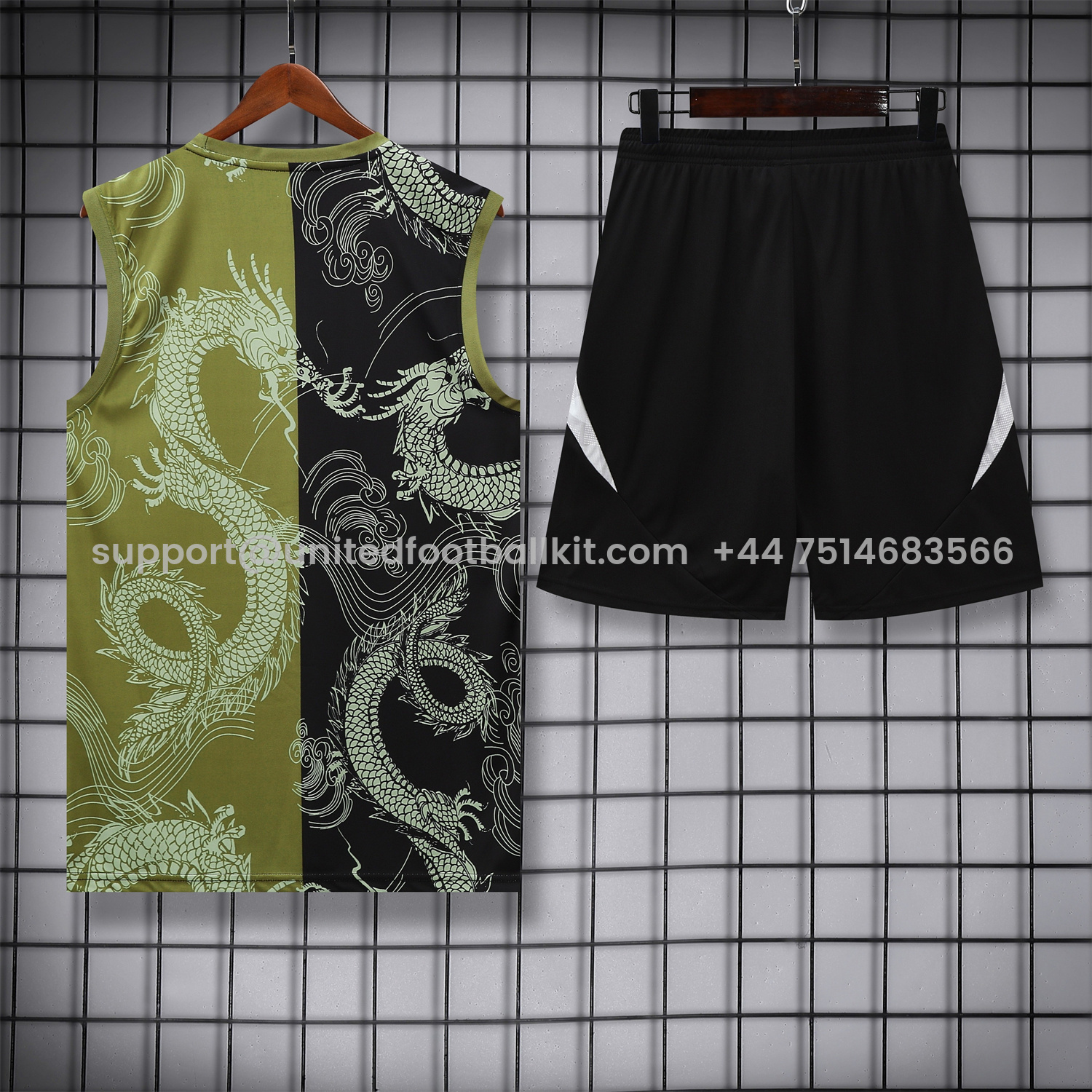 Unitedfootballkit.com | Real Madrid 25-26 Vest Training Set - Green-Black Dragon Vest & Black-White Shorts -Customize Name, Number and Patch | Worldwide Shipping