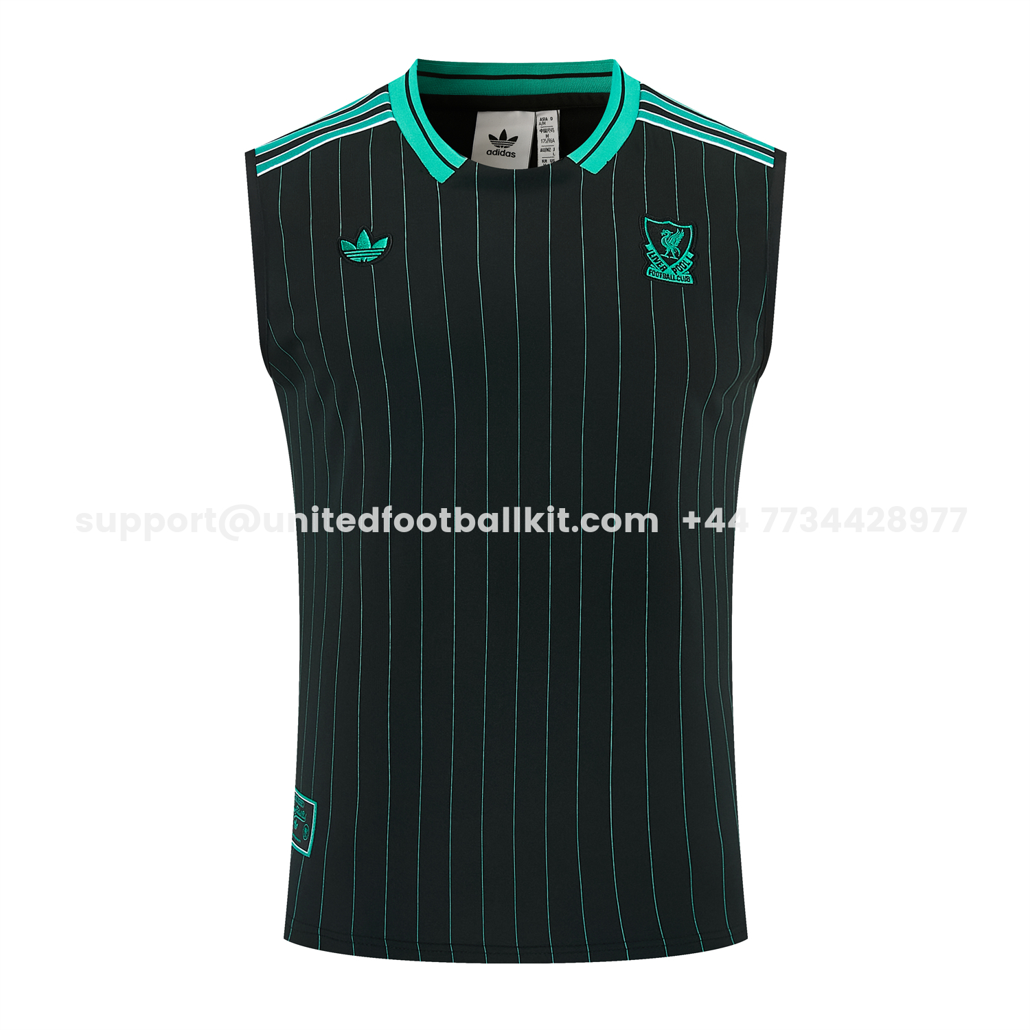 Unitedfootballkit.com | Liver.pool 25-26 Retro Style Vest Training Set - Black With Turquoise Stripes Top & Pants -Customize Name, Number and Patch | Worldwide Shipping
