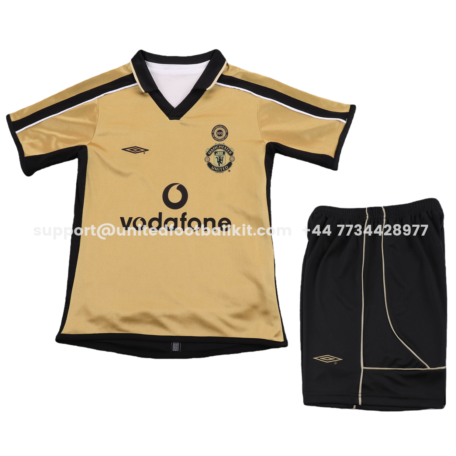 Unitedfootballkit.com | Retro Manchester United 2001-02 100th Centery Kids Kit - Yellow -Customize Name, Number and Patch | Worldwide Shipping