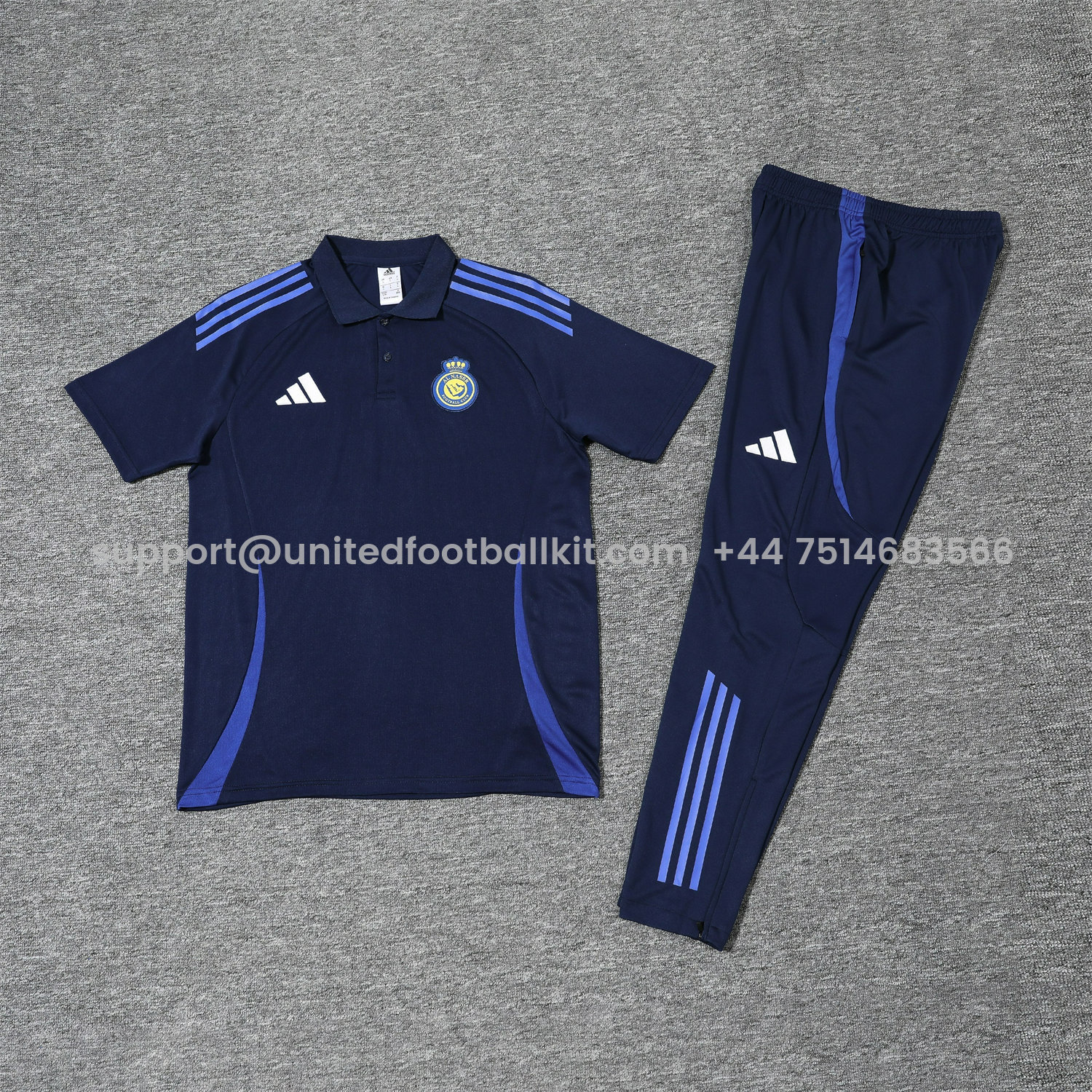 Unitedfootballkit.com | Al Nassr Riyadh Victory 25-26 POLO Short-Sleeve Training Set - Deep Blue Top and Pants -Customize Name, Number and Patch | Worldwide Shipping