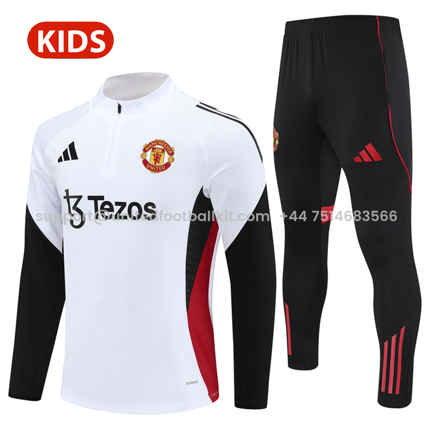 Unitedfootballkit.com | Manchester United 25-26 Kid Long Sleeves Training Set - White Top & Black Pants -Customize Name, Number and Patch | Worldwide Shipping