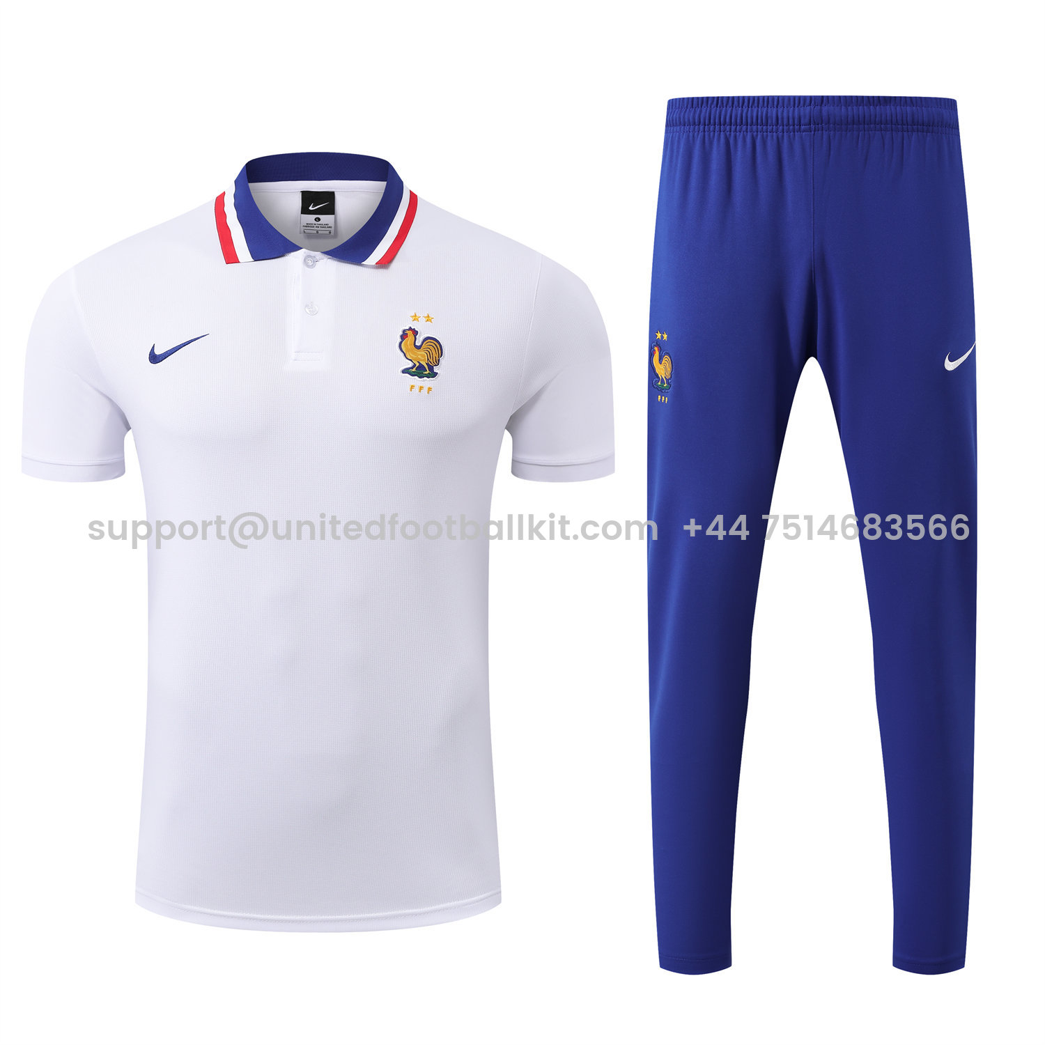 Unitedfootballkit.com | France 25-26 POLO Short-Sleeve Training Set - White Top and Blue Pants -Customize Name, Number and Patch | Worldwide Shipping