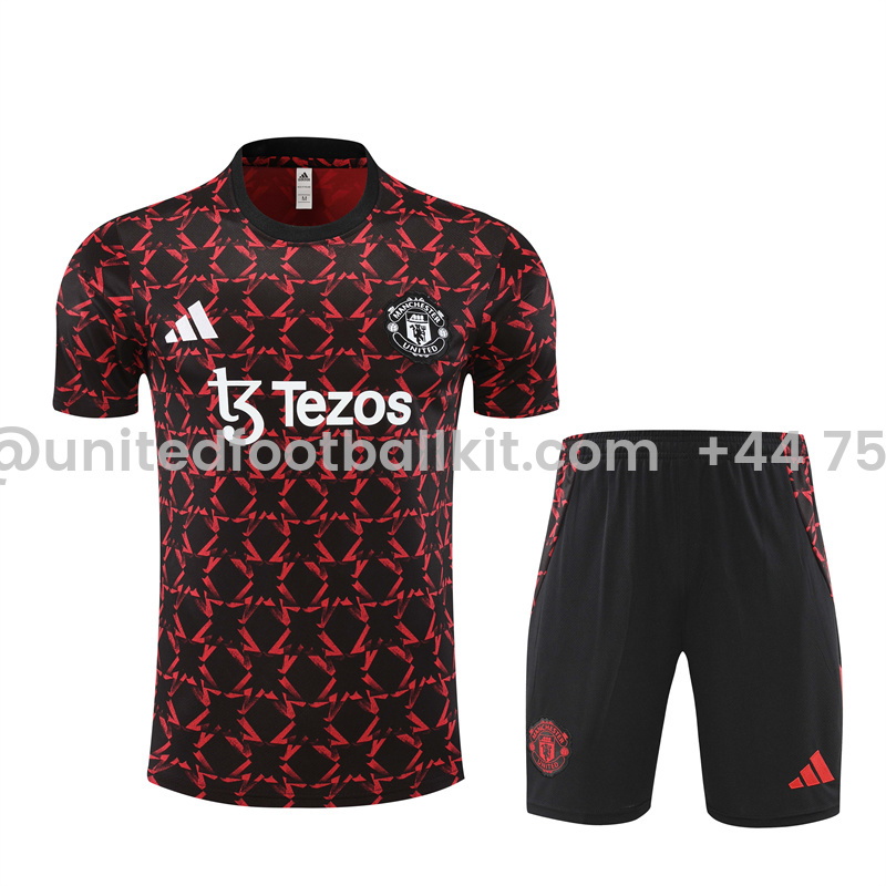 Unitedfootballkit.com | Manchester United 24-25 Short-Sleeve Training Kids Kit - Black Red Camouflage -Customize Name, Number and Patch | Worldwide Shipping