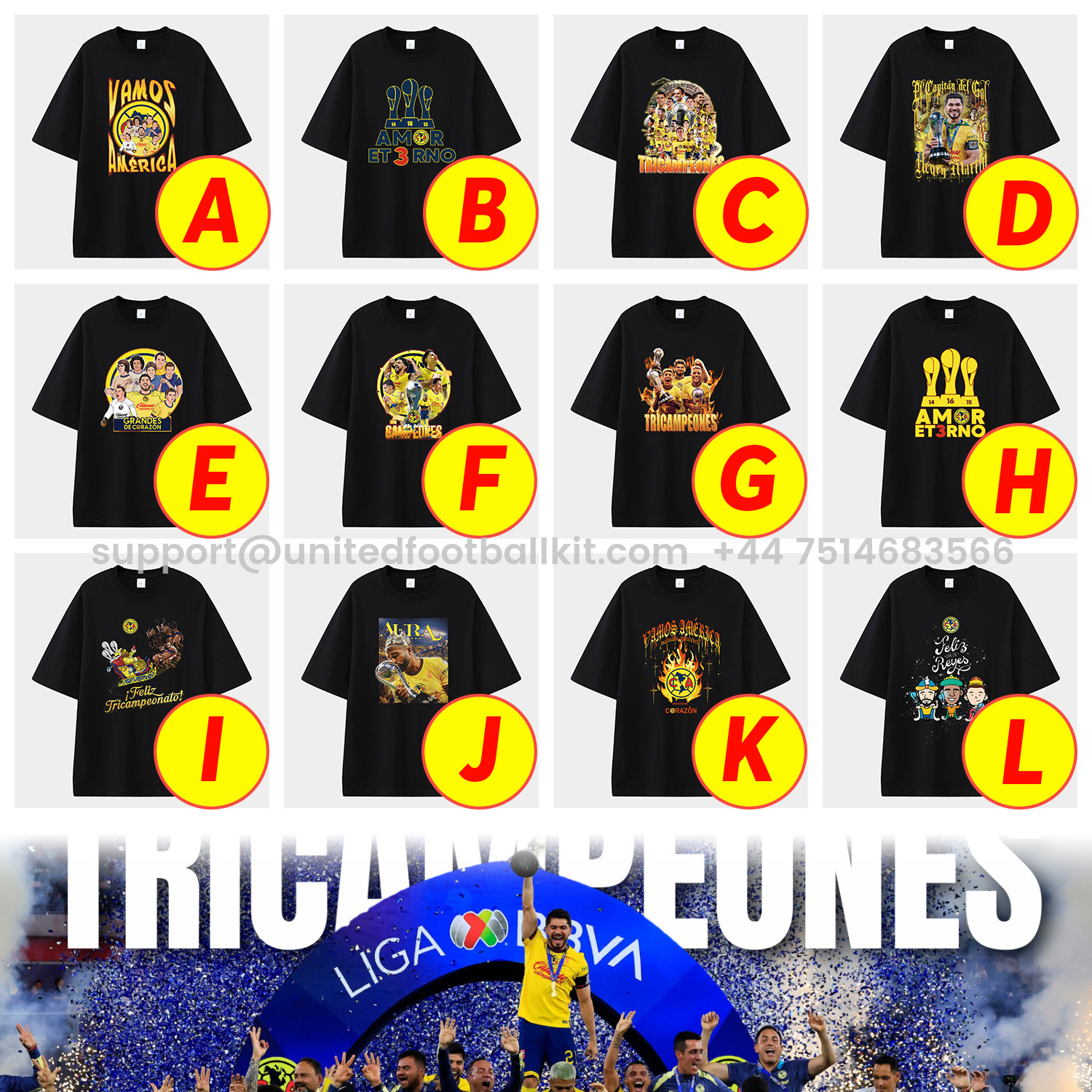 Unitedfootballkit.com | Club América Triple Championship Unisex Pure Cotton T-shirt -Customize Name, Number and Patch | Worldwide Shipping