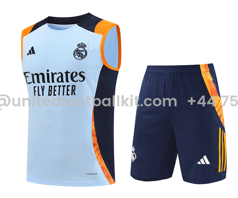Unitedfootballkit.com | Real Madrid 24-25 Vest Training Set - Light Blue -Customize Name, Number and Patch | Worldwide Shipping