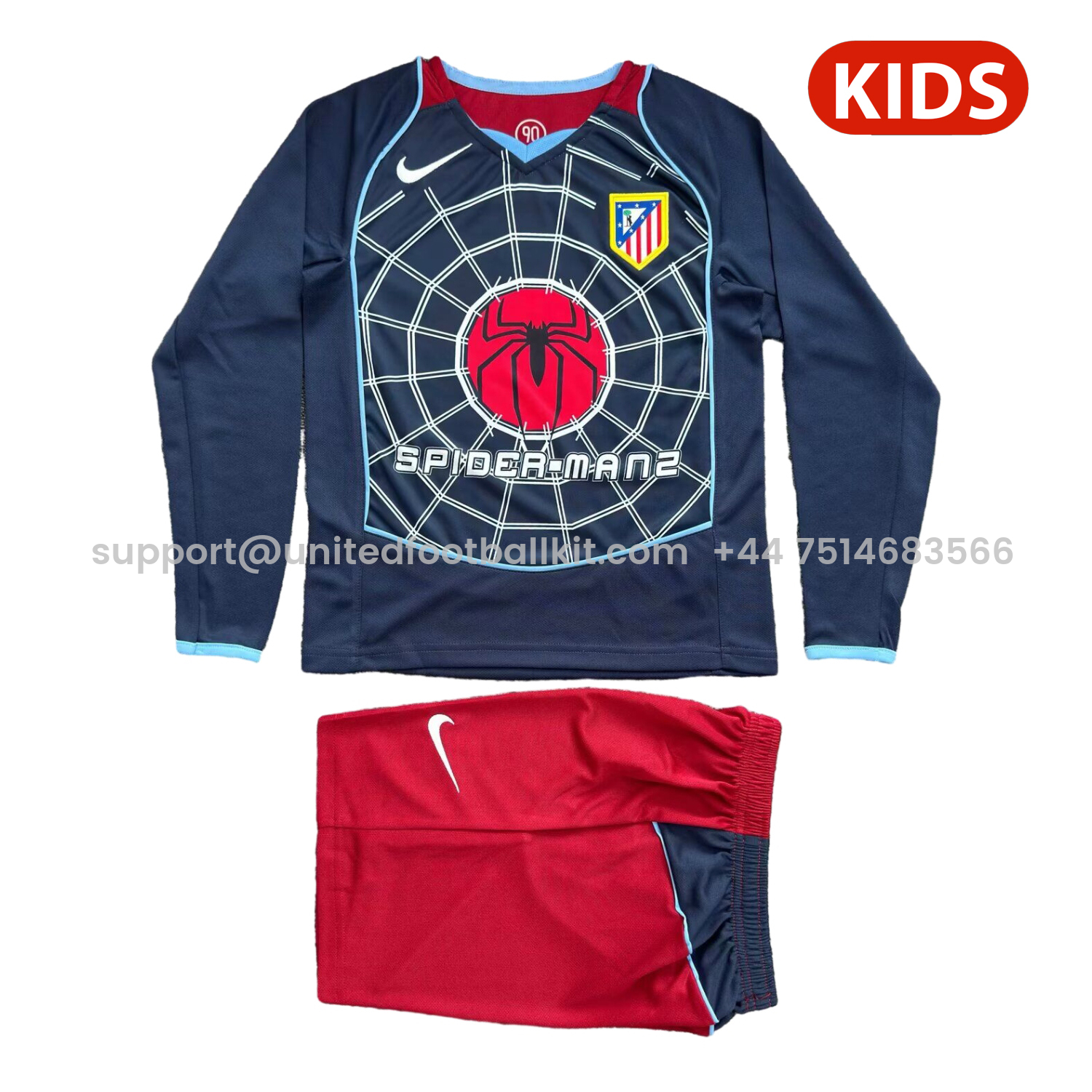Unitedfootballkit.com | Retro Atletico Madrid 2004-05 Away S.p.i.d.e.r M.a.n Special Long Sleeves Kids Kit -Customize Name, Number and Patch | Worldwide Shipping