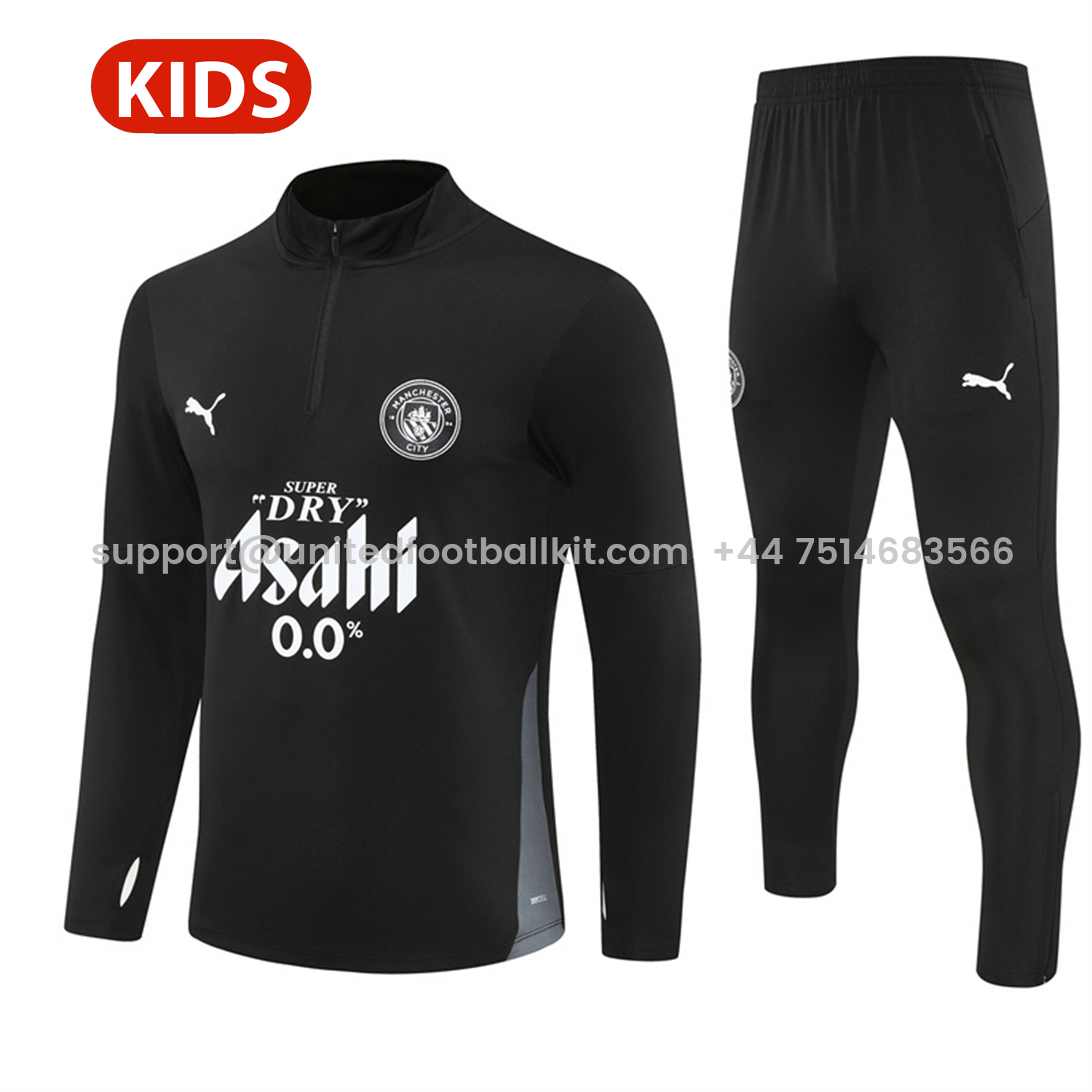Unitedfootballkit.com | Manchester City 25-26 Kids Long Sleeve Training Set - Black Top & Black Pants -Customize Name, Number and Patch | Worldwide Shipping