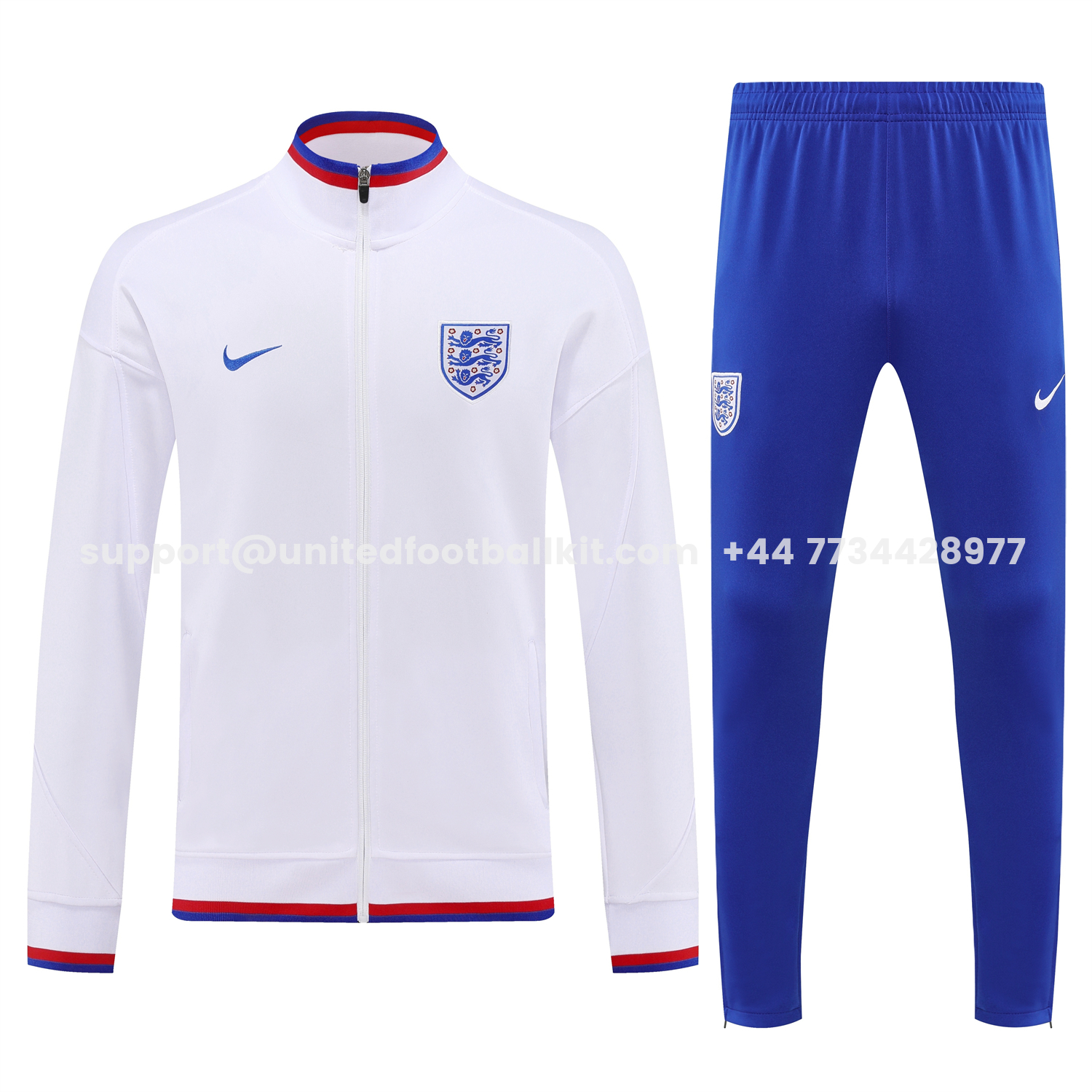 Unitedfootballkit.com | England 2026 Long Sleeve Training Set - White Top and Blue Pants -Customize Name, Number and Patch | Worldwide Shipping