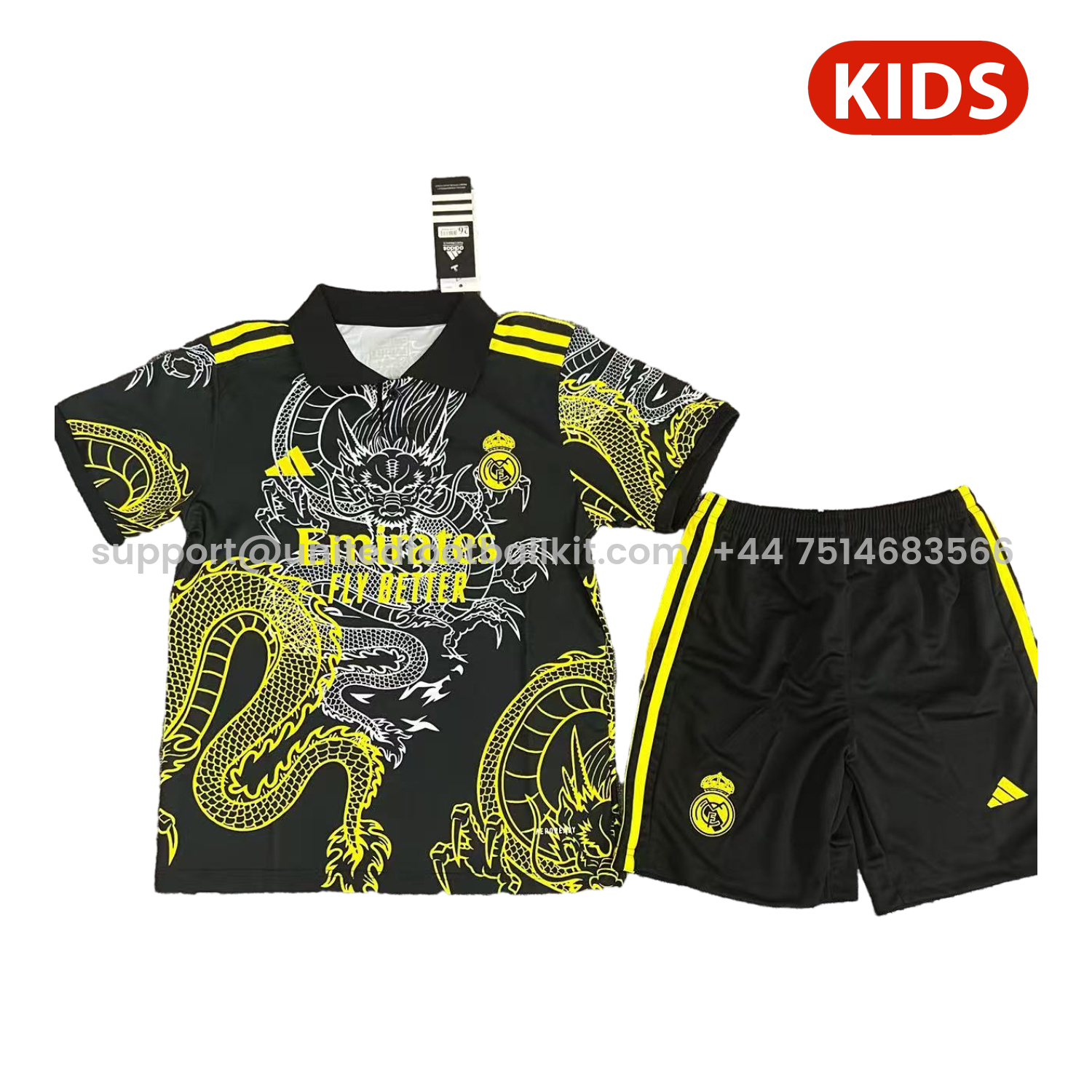 Unitedfootballkit.com | Real Madrid 25-26 Yellow And White Dragon Black Special Kids Kit -Customize Name, Number and Patch | Worldwide Shipping