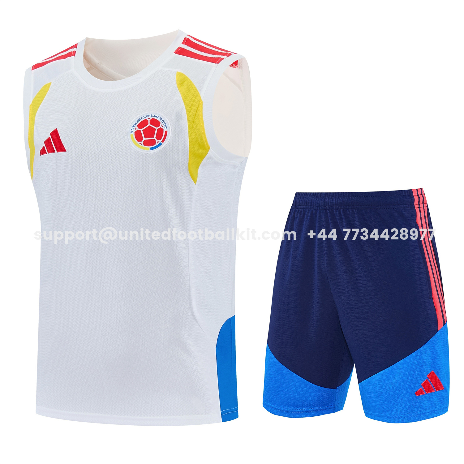 Unitedfootballkit.com | Colombia 2026 Vest Training Set - White Vest and Blue Shorts -Customize Name, Number and Patch | Worldwide Shipping