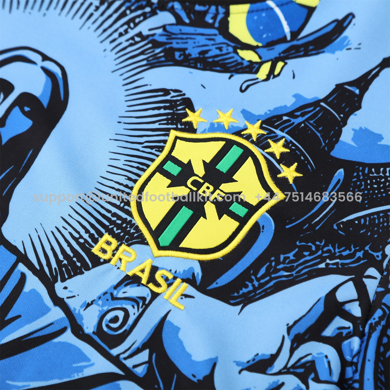 Unitedfootballkit.com | Brazil 25-26 Blue Jesus Statue Short-Sleeve Training Set - Blue Top & Black Shorts -Customize Name, Number and Patch | Worldwide Shipping